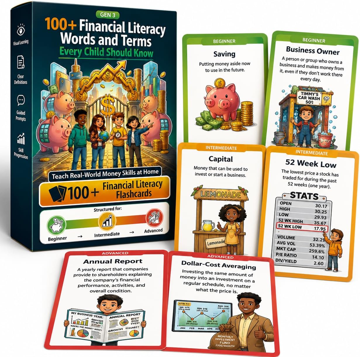 Financial Literacy Flashcards for Kids & Teens| 108 Educational Flashcards for Money Management, Saving, Investing & Economics| Guided Coversations| Modern Graphics| Includes Printable Activity Book