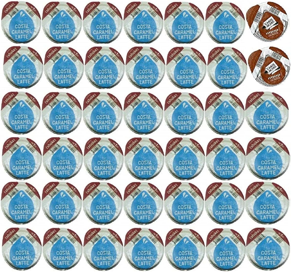48 x Tassimo Costa Caramel Milk T-discs ONLY + 2 x Carte Noire Latte Coffee Pods, Sold Loose