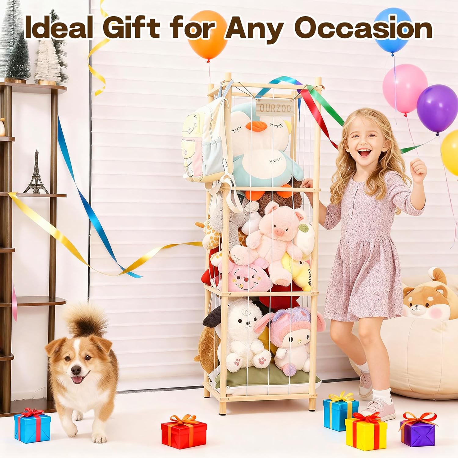 Caleb Stuffed Animal Storage & Organization with Wheels, 54 inch Wooden Stuffed Animal Holder, Cute Zoo Plush Toy Storage Organizer for Toddler Rooms, Playrooms & Bedrooms - Image 8