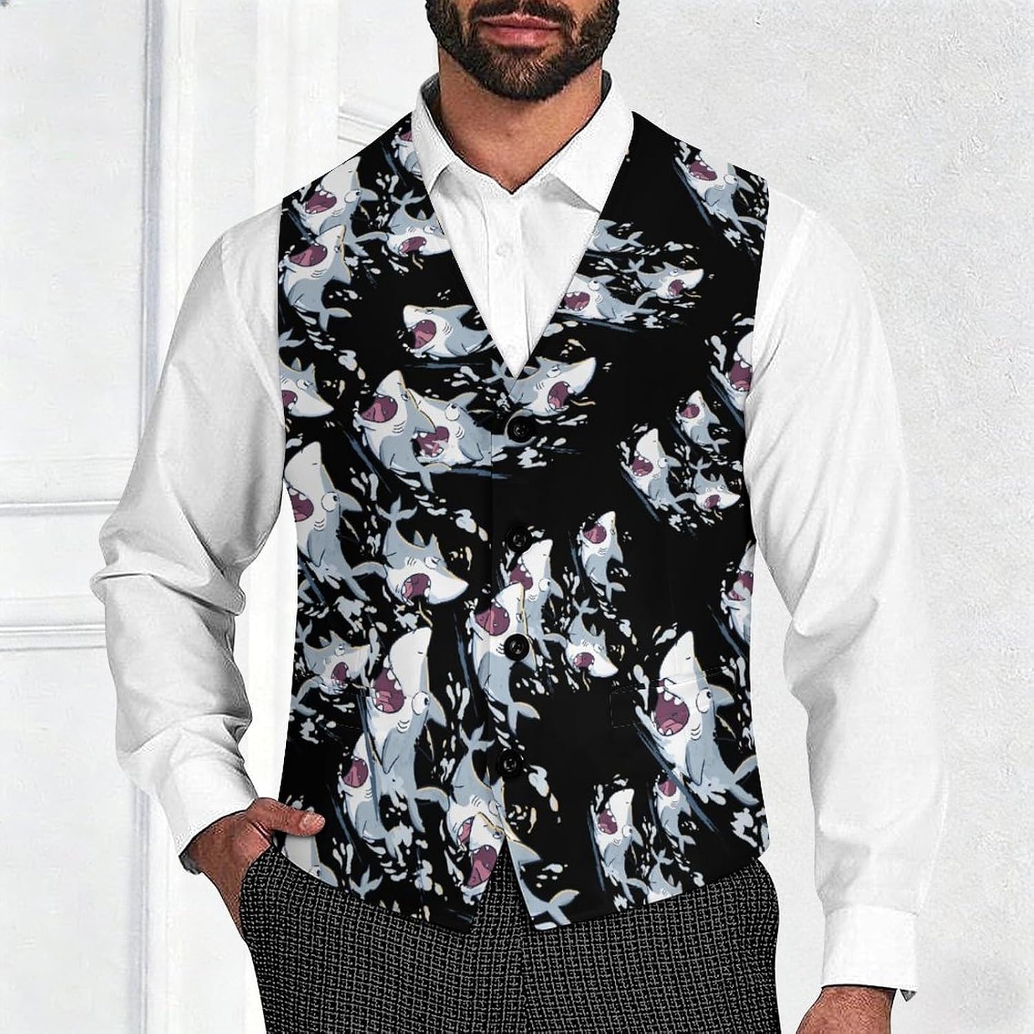 Funny Sharks Men's Suit Vest Formal Vests Casual Dress Fit Waistcoat Casual Tuxedo for Business