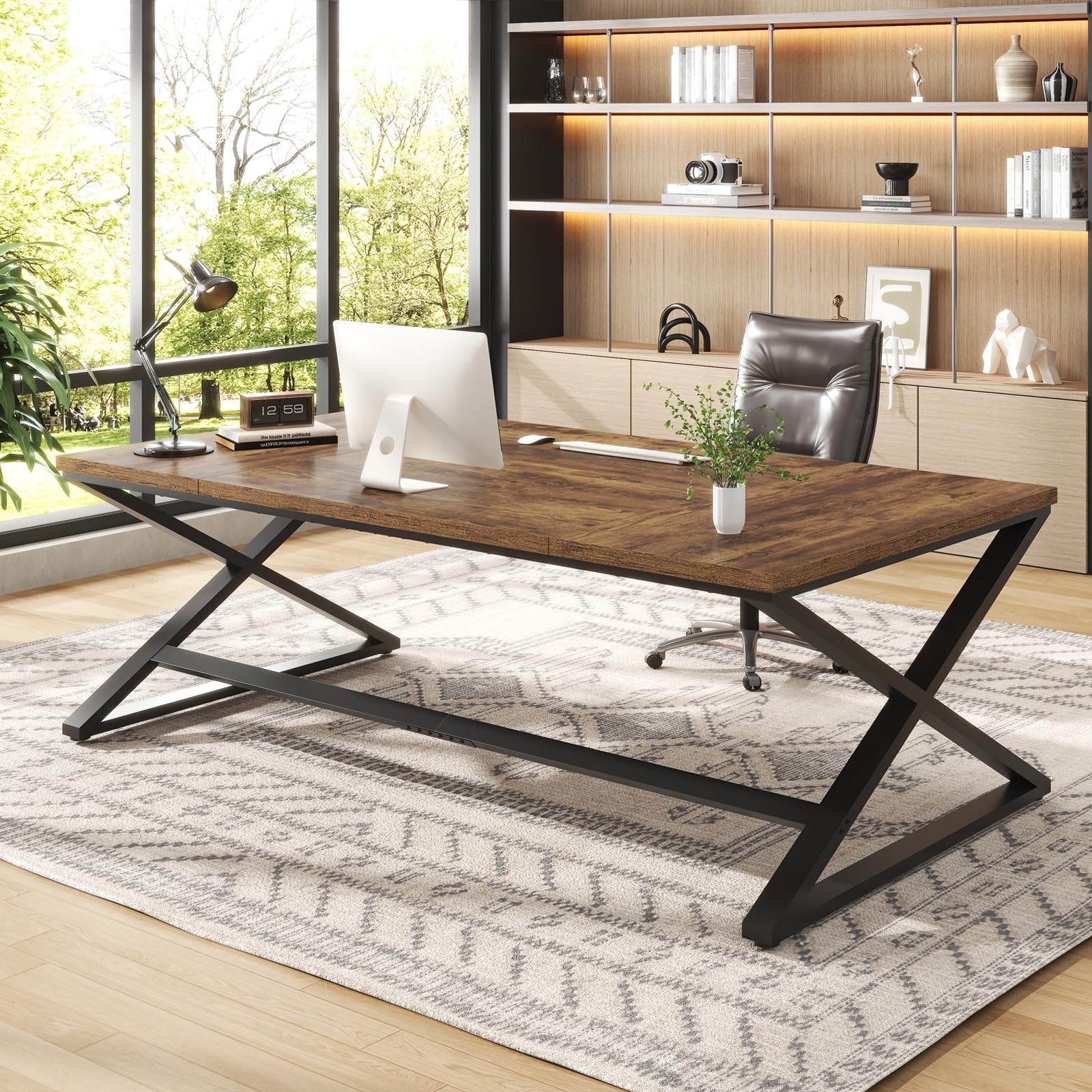 IBF 200 cm Schreibtisch Groß X Bein PC Tisch Computer Desk Rustikal Eiche | PC Gaming Büro Homeoffice Arbeitszimmer Schreibtisch Computertisch Bürotisch groß aus Holz Eiche
