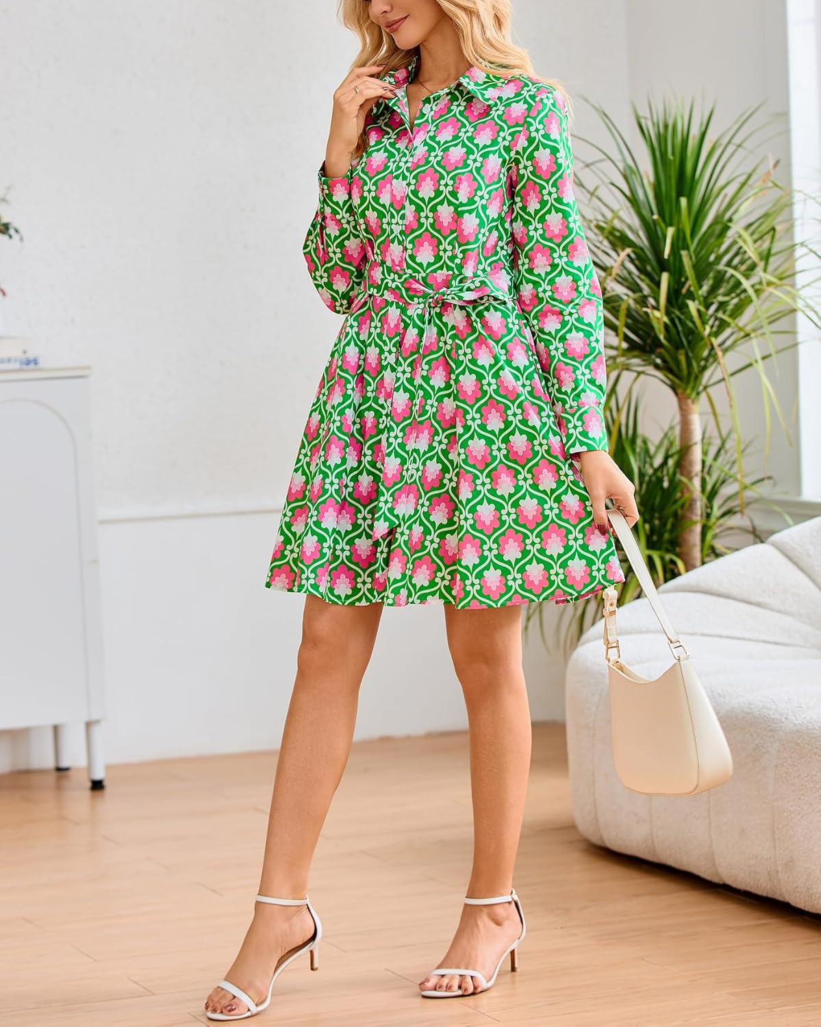 Women's Printed Button Down Shirt Dress Long Sleeve Collared V-Neck Belted Mini Dress with Pockets - Image 5