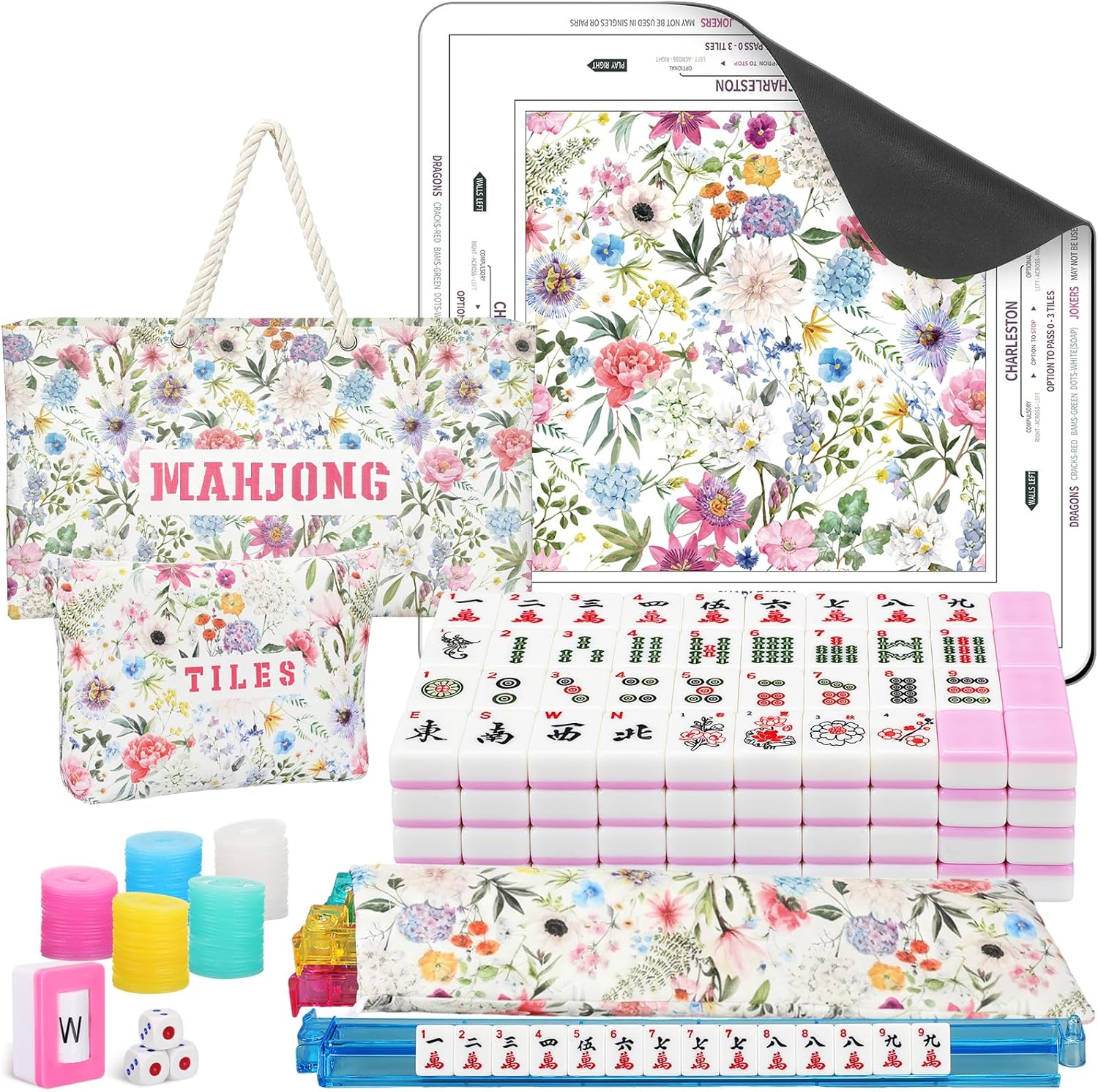 179 Pcs American Mahjong Tile Set with Carrying Bags,Floral | 166 Tiles 4 All in One Color Racks Pushers Mat Accessories, Mahjong Game Set, for Family Game Night Gifts Travel Home Play