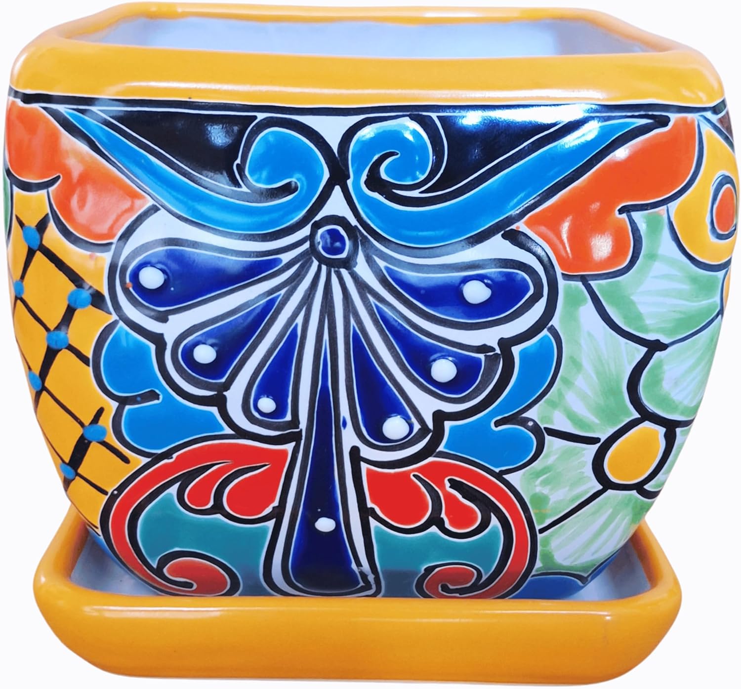Talavera Treasures- Mexican Hand Painted Succulent Flower Pot Squared Mexican Pottery Planter with Saucer Included