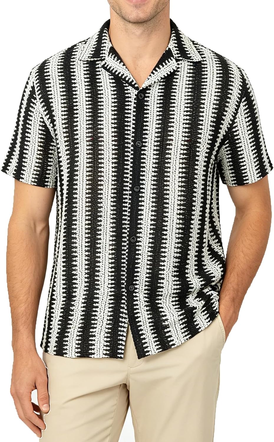 BOGARI Men Crochet Shirt Hollow Out Knit Stripe Summer Beach Button Down Sheer Lace Shirts Casual Cuban Textured Tops