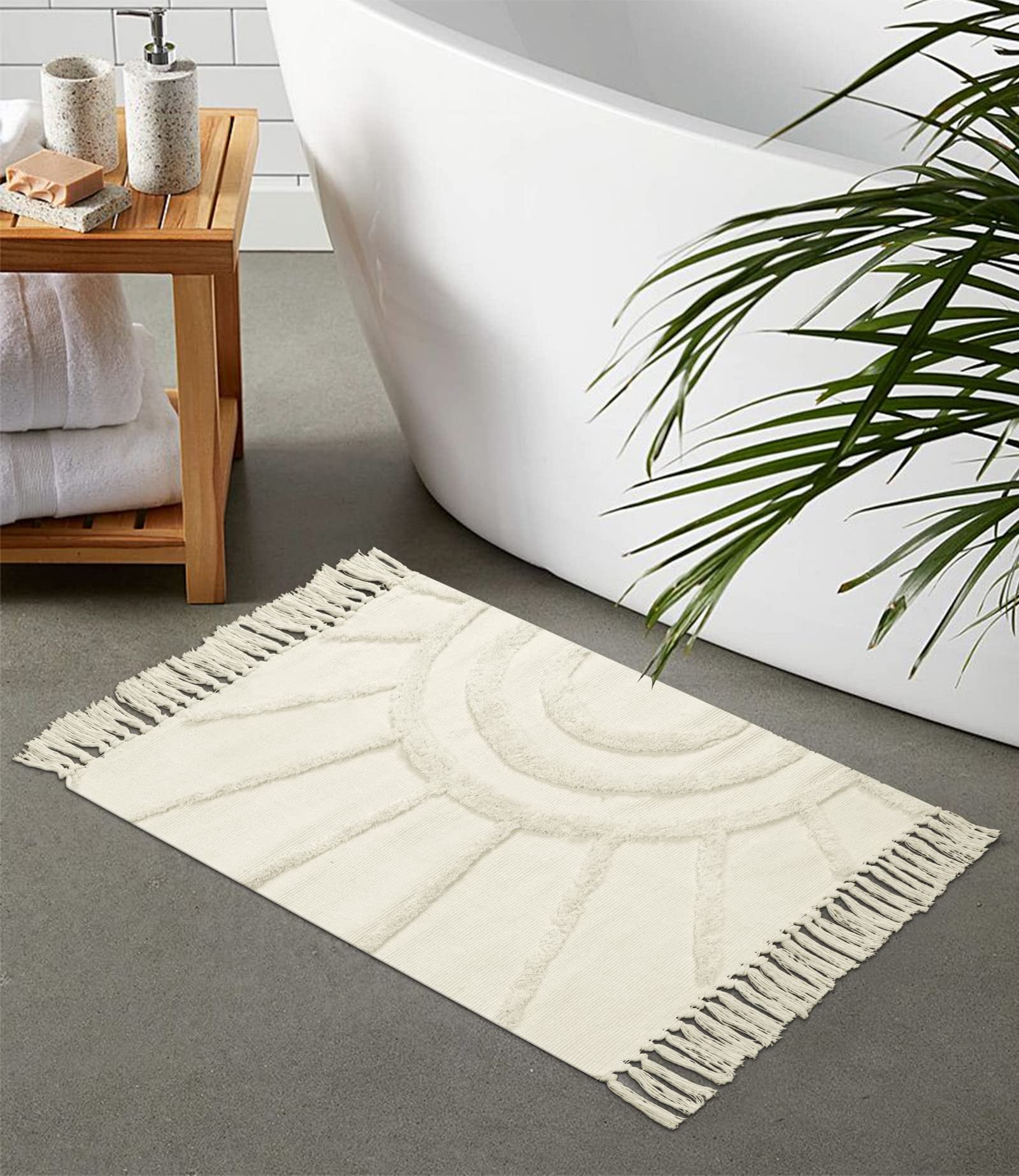 OJIA Boho Bathroom Rug 2'X3', Tufted Sun Rug Small Rugs with Tassels Farmhouse Cotton Woven Washable Accent Throw Rug Tribal Area Rugs for Entryway Bedroom Laundry Living Room Kitchen