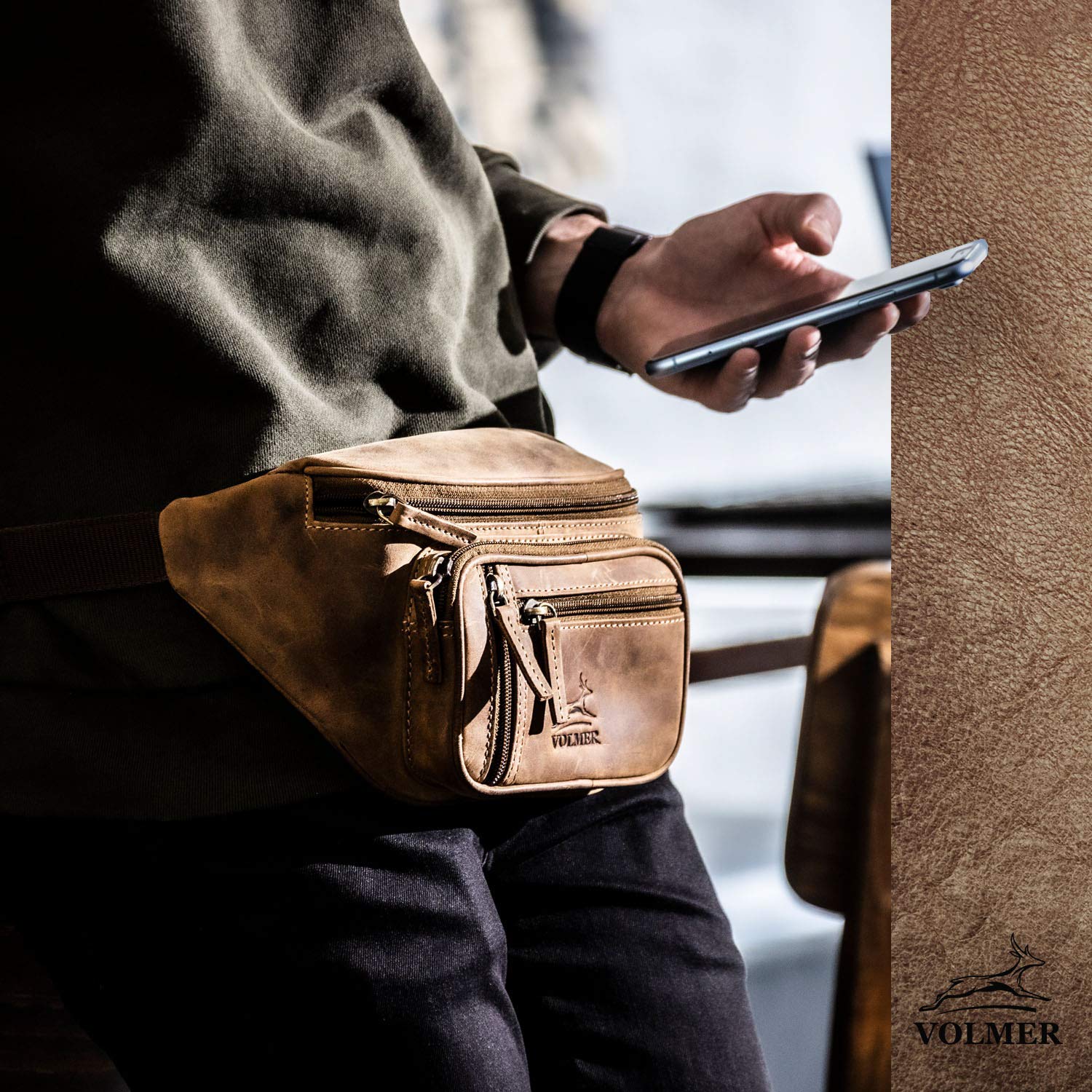 Fa.Volmer ® Gürteltasche in Echt-Leder für Damen und Herren | braun | Verstellbarer Gurt bis 130 cm | Modell: Barcelona
