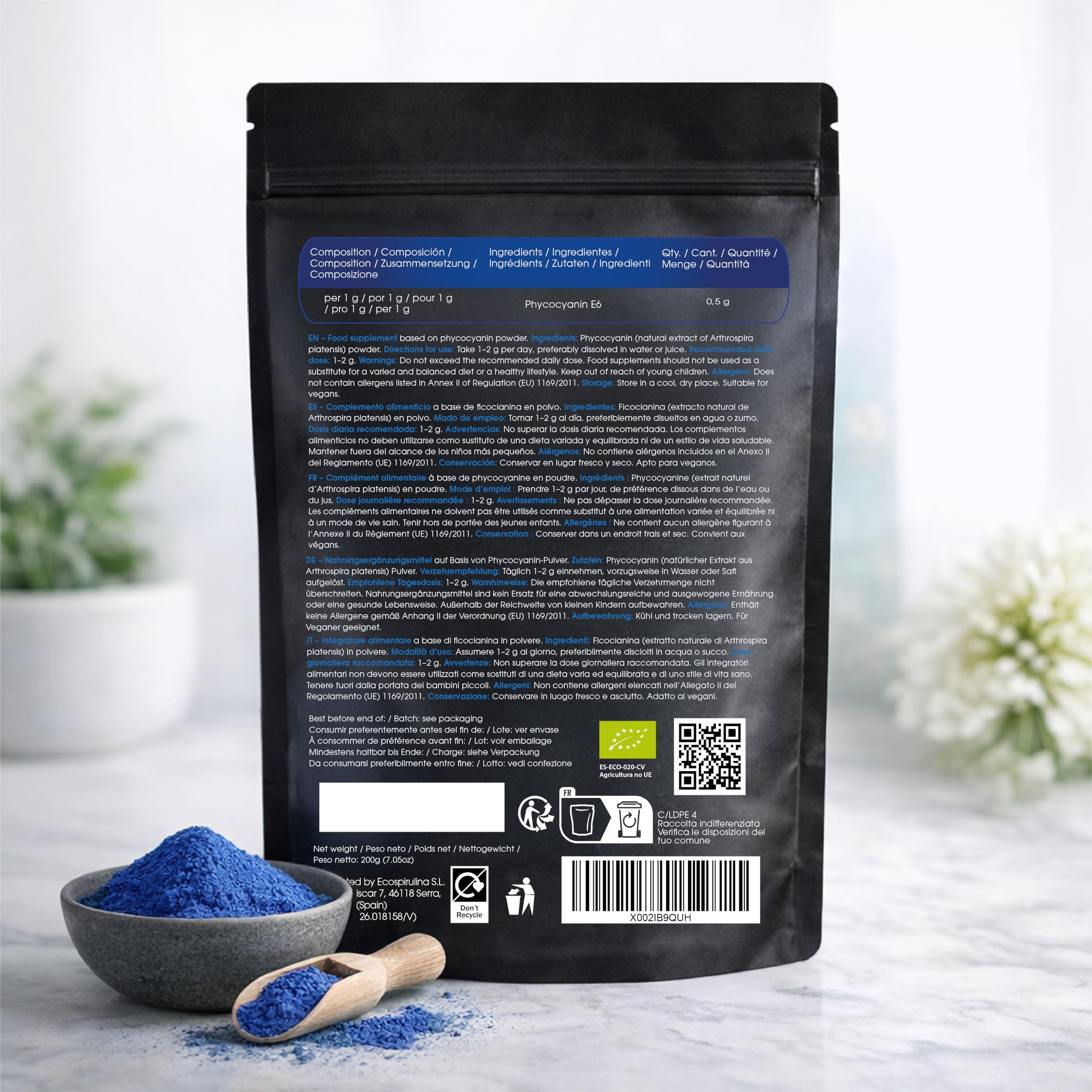 Espirulina Azul en Polvo 200g Ecológica Nadiprem (Ficocianina) | Blue Spirulina Orgánica | Colorante Alimentario Natural | Fácil Disolución para Batidos y Repostería
