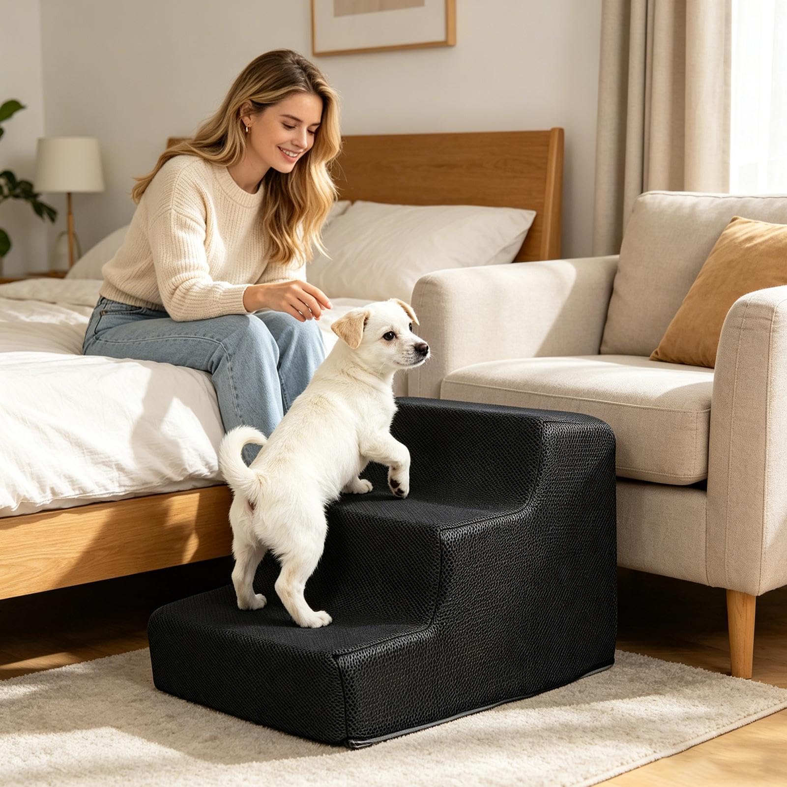Stufen für Hunde Bett – Leiter waschbar für Welpen | Katzenrampe Senior Tiereltern Wohnung tägliche Nutzung Rand Genesung Schlafzimmer Wohnzimmer