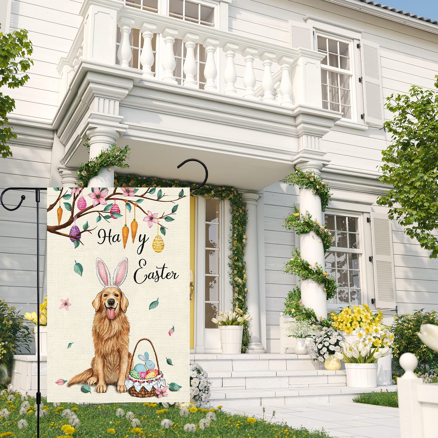 ARGOOFG Happy Easter Hasen Gartenflagge – Doppelseitig, 71 X 102 Cm, Wetterfest – Bunte Osterdekoration Für Draußen Mit Blumen Und Häschen