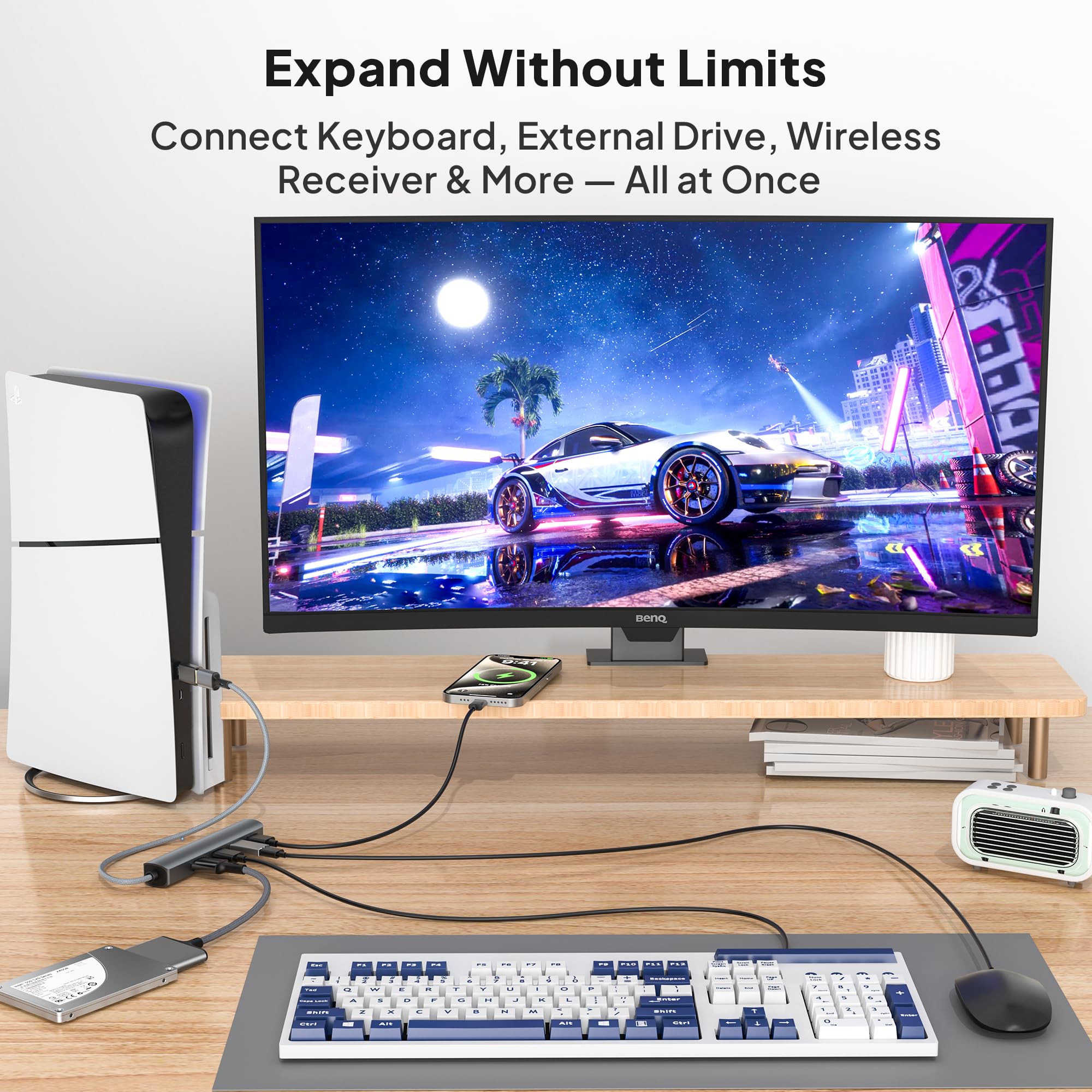 Elebase Hub USB do PS5 Pro/Slim 4 Port USB 3.0 Multiple Splitter 1 in 4 | Wyjścia Rozdzielacza z Kablem 60CM Long Cable, 5Gbps High-Speed Extender Hub z Funkcją OTG & USB Adapter Do Konsoli PS4 PS5
