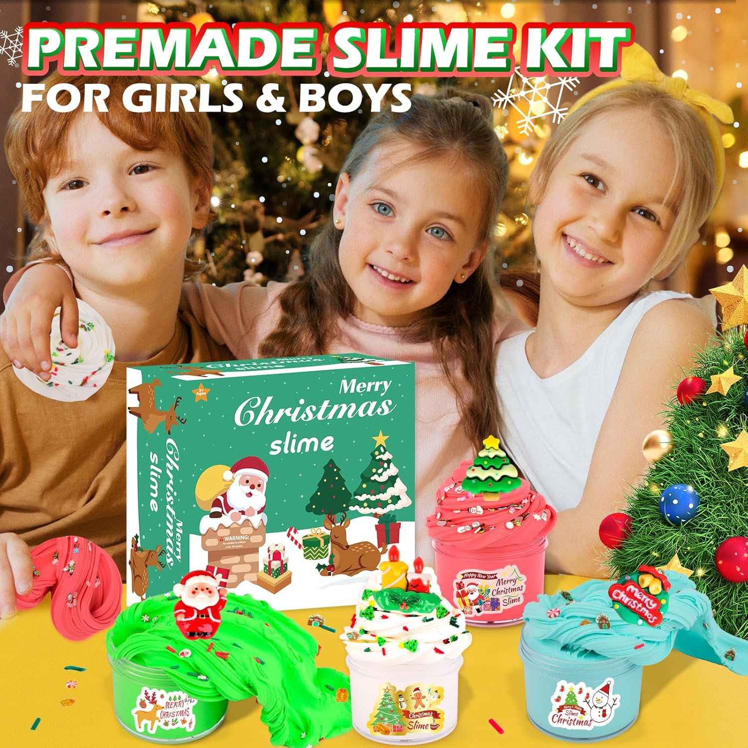 Christmas Butter Slime Kit 4 Pack, Santa Claus, Xmas Tree, Wreath, Candlestick Charms Mix Ins for Girl Boy, Holiday Slime for Christmas Stocking Stuffers, Premade Xmas Slime Kids Party Favors