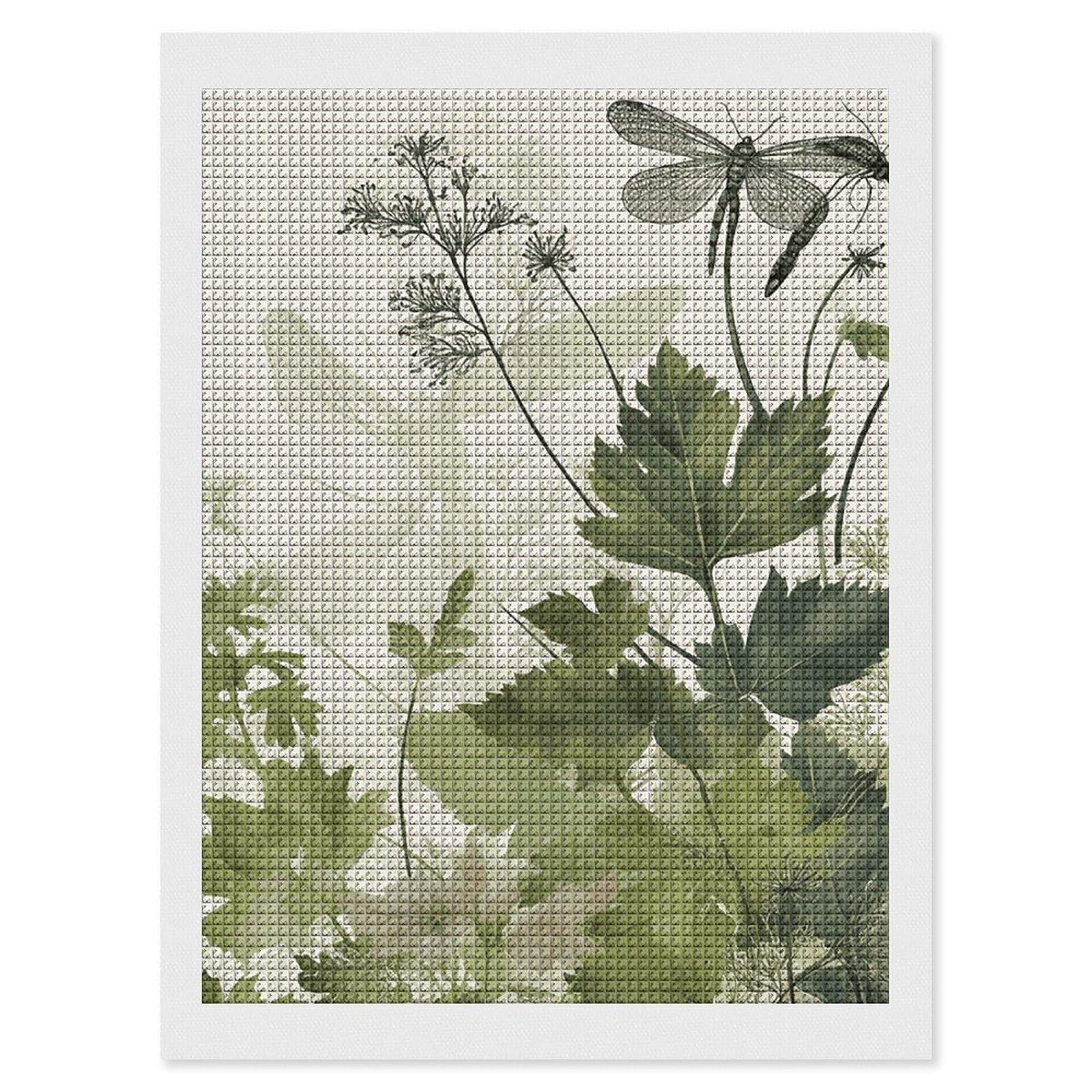 Foliage and Herbs with Dragonflies Winged Diamond Art Kits for Adults, DIY 5D Diamonds Painting Kits for Beginner, Round Full Drill Diamond Dots Painting, 12"x16" Diamonds Pictures Gem Art and Crafts