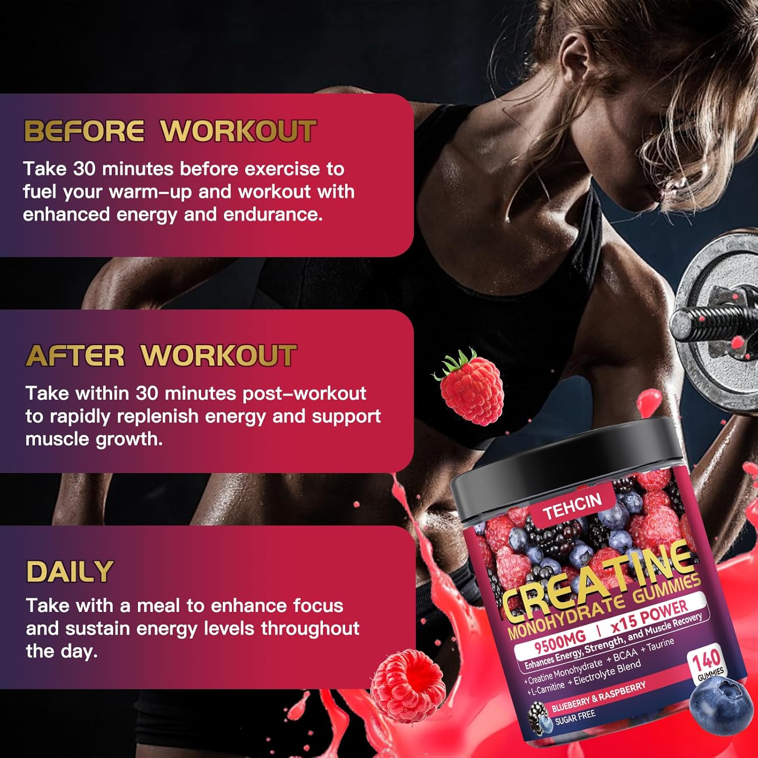 Creatine Monohydrate Gummies Complex 9500mg for Men & Women - 140 Count Creatine Supplement with Electrolyte Blend and L-Taurine, Supports Muscle Growth, Strength and Recovery, Sugar Free
