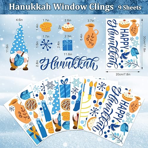 Miniatura 5 de Whaline 151 calcomanías de ventana de Hanukkah de doble cara con diseño de gnomo de estrella de menorá azul-dorado, calcomanías de ventana con