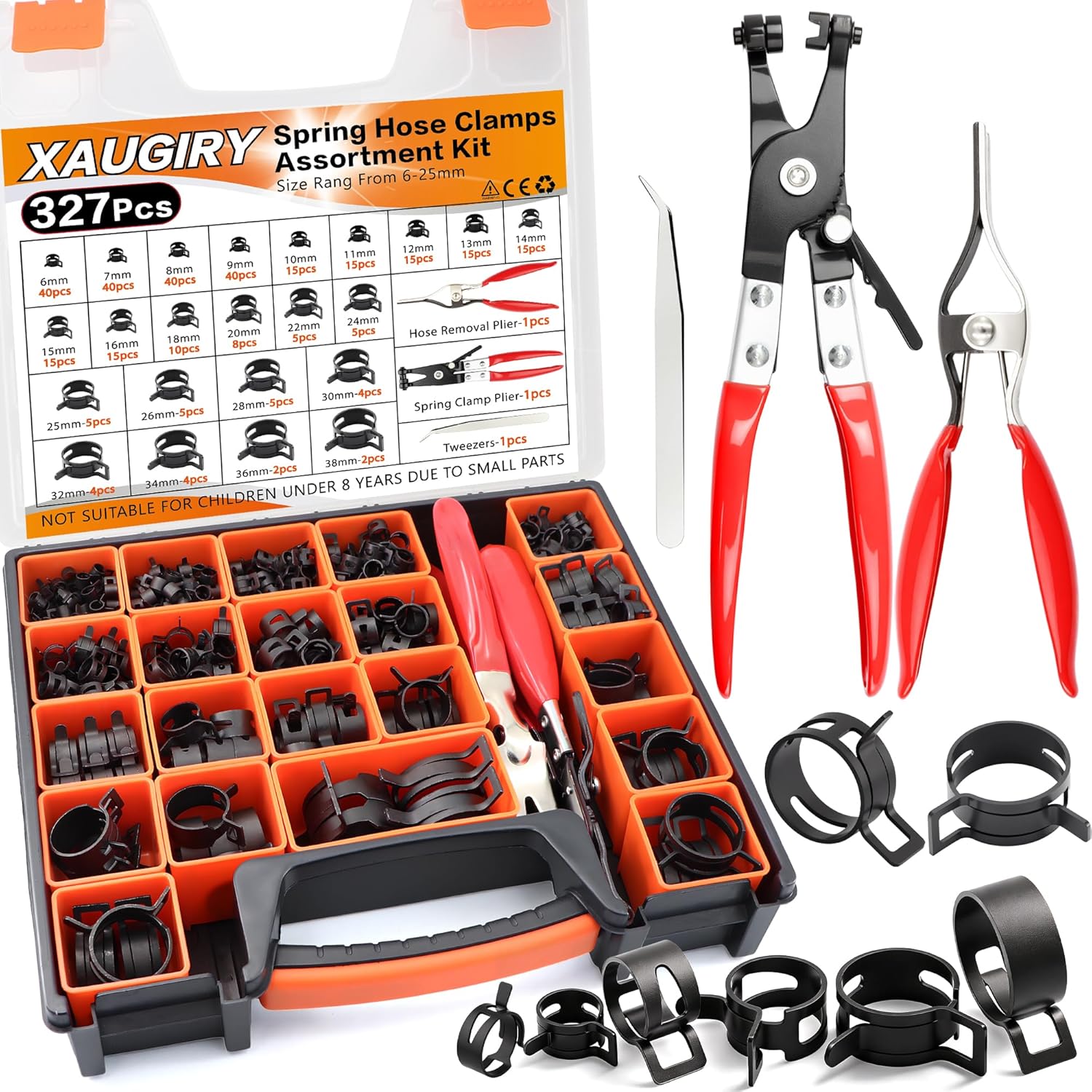 327Pcs 6-38mm Spring Hose Clamps Assortment Kit with Spring Clamp Plier,Hose Removal Plier,for Fuel Line,Vacuum Hoses,Silicone,Air Hose Applications