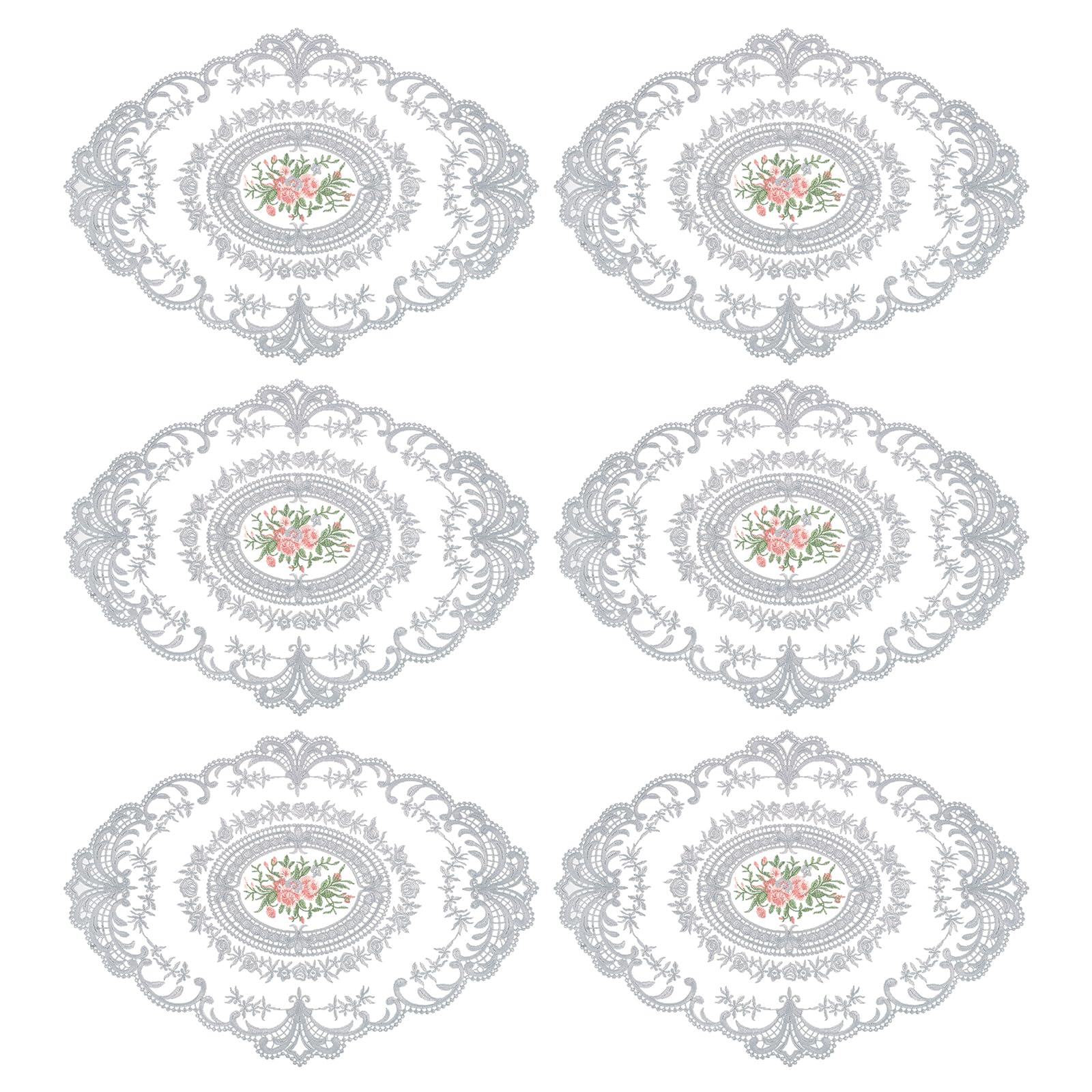Set de table brodé anti-rayure ovale en dentelle grise et bleue pour repas