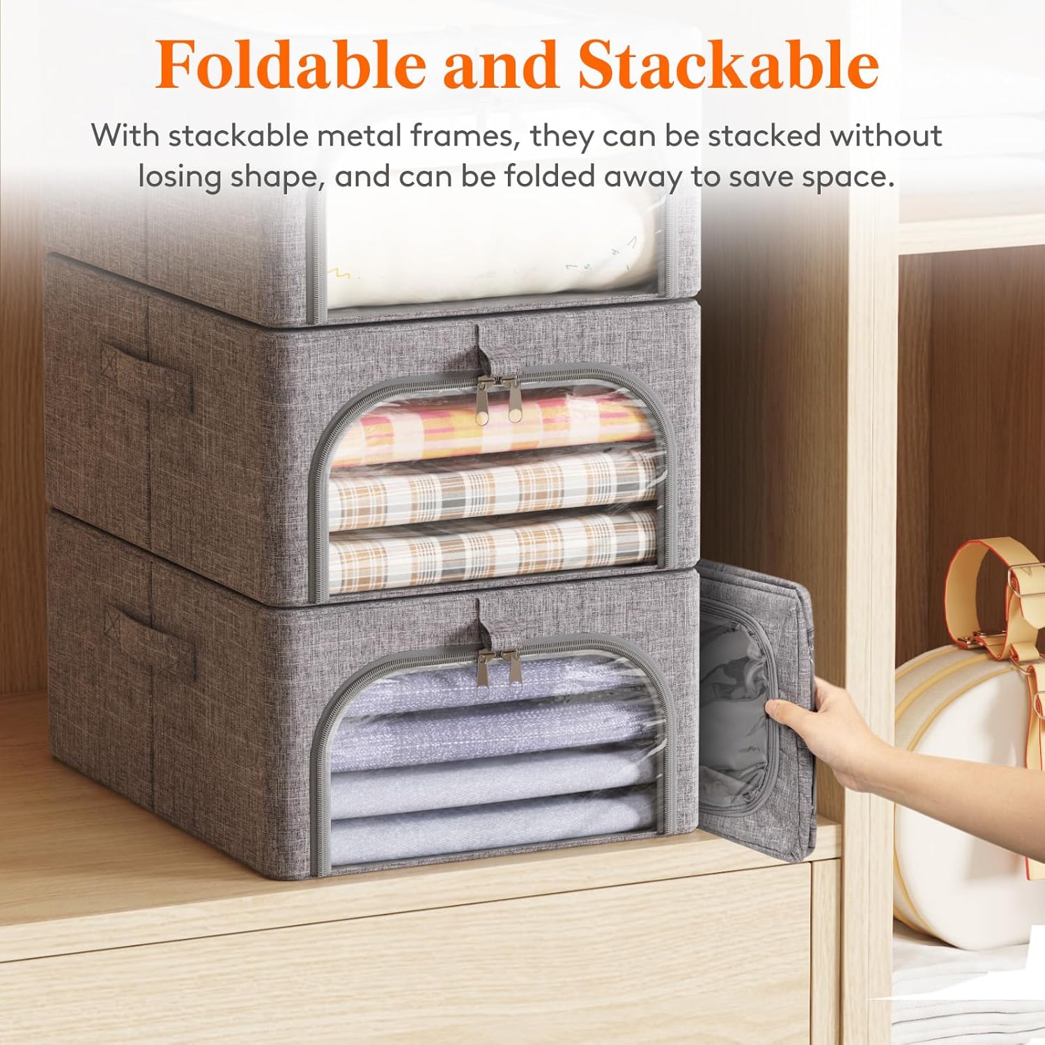 (Similar too) Lifewit Clothes Storage Bins with Metal Frame 3 Pack, Fabric Stackable Storage Bags with Lids, Zipper, Foldable Clost Organizers Containers for Clothing, Blanket, Winter Cloth, 25L 3 25L