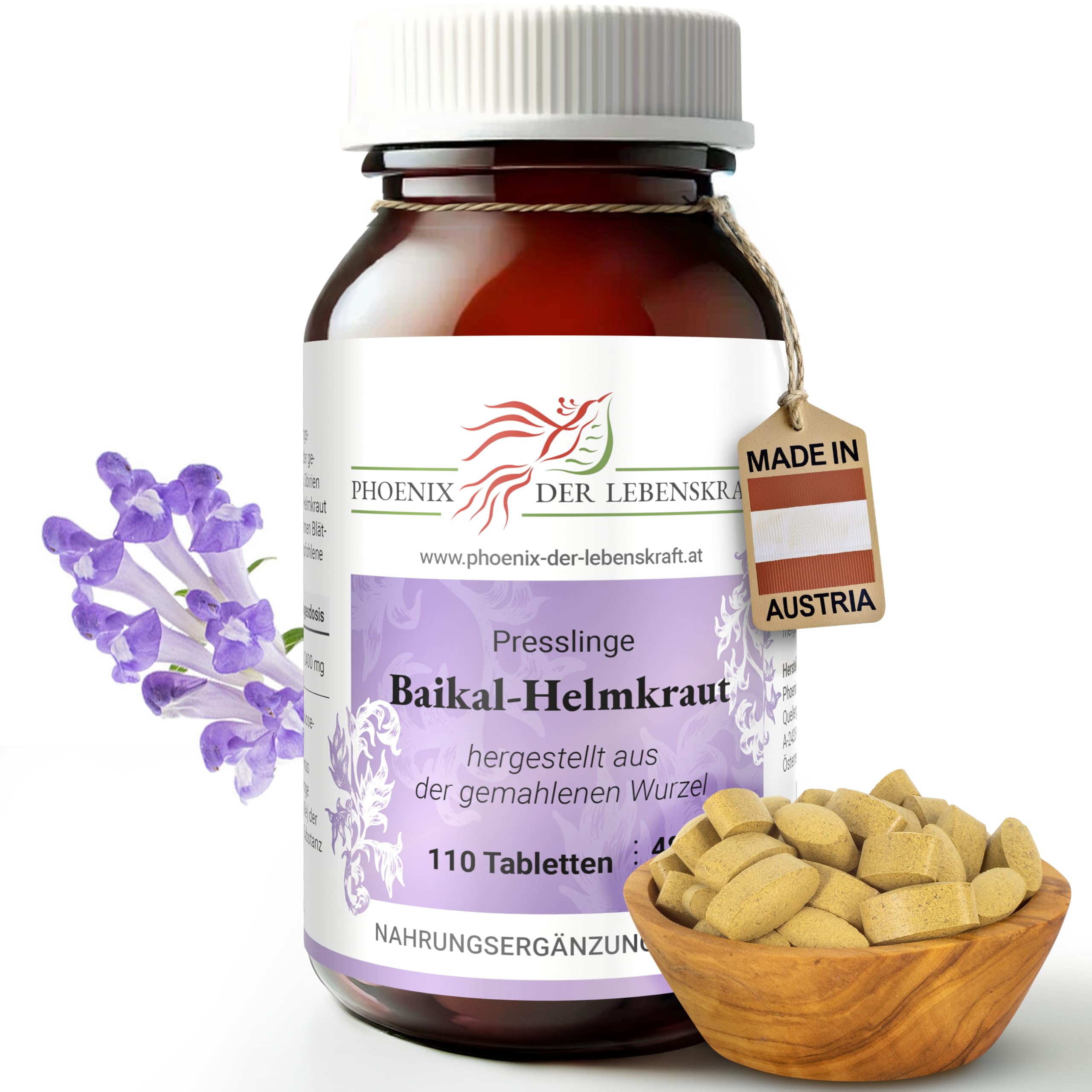 Baikal-Helmkraut Tabletten 480 mg | 110 Tabletten Scutellaria baicalensis | Qualität aus Österreich | Tabletten statt Kapseln | Gemahlene Baikal-Helmkraut-Wurzel | Skullcap, Sibirisches Helmkraut