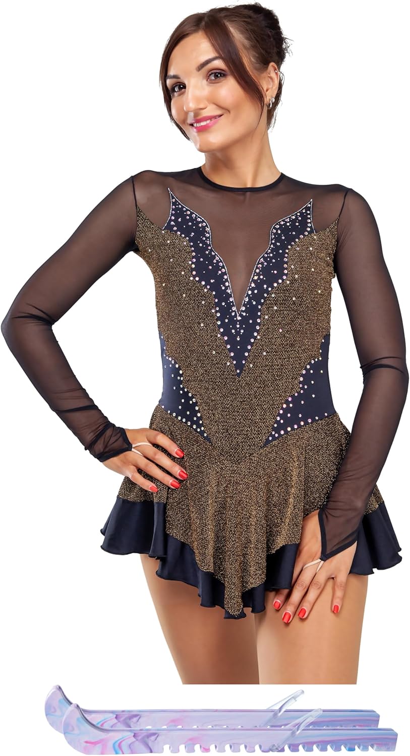 Figure Skating Dress/Bundle with Skate Guards/Italian Fabric, Made in Europe Style: A14 / Lurex Gold/Size: Large