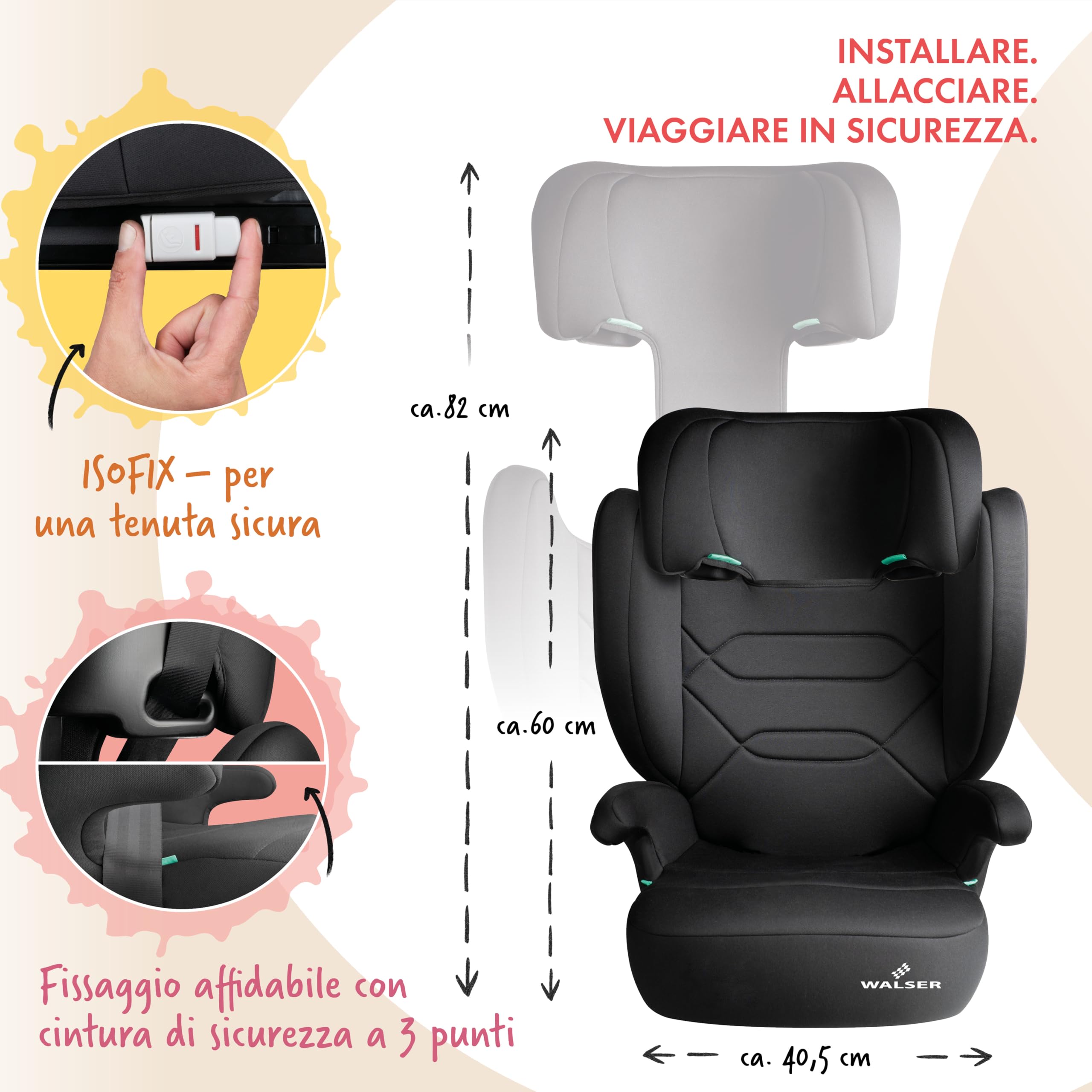 WALSER Seggiolino auto Premium Numa, rialzo bambino 2in1 ISOFIX schienale rimovibile + poggiatesta regolabile 3-8 anni 100-150 cm ultima normativa ECE R 129, rialzo auto antracite