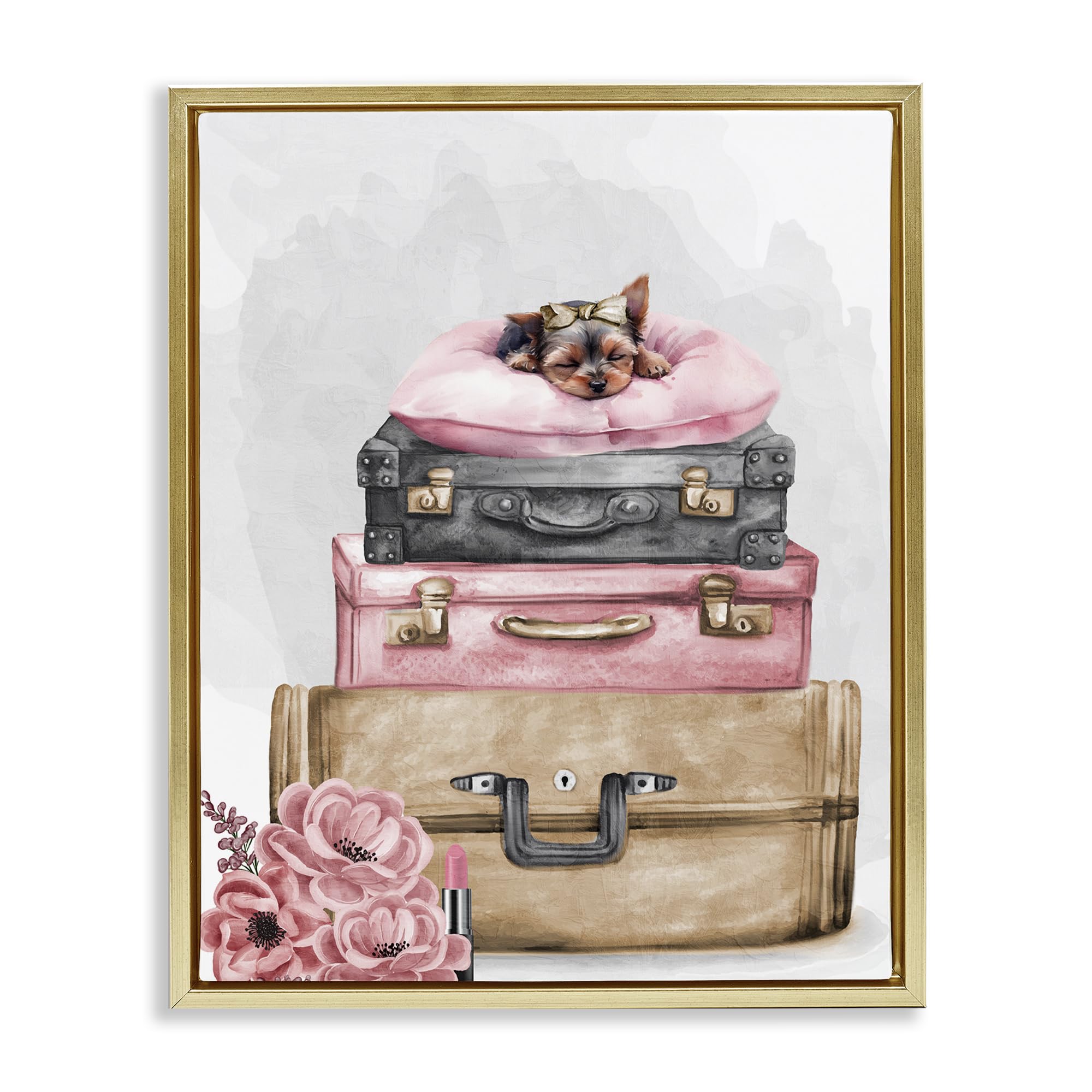 Stupell Industries 'Sleepy Pup Travel', Floating Frame Canvas Art, Gold, 17 x 21 Inches, Easy to Hang and Sturdy, Made in USA, by Kim Allen