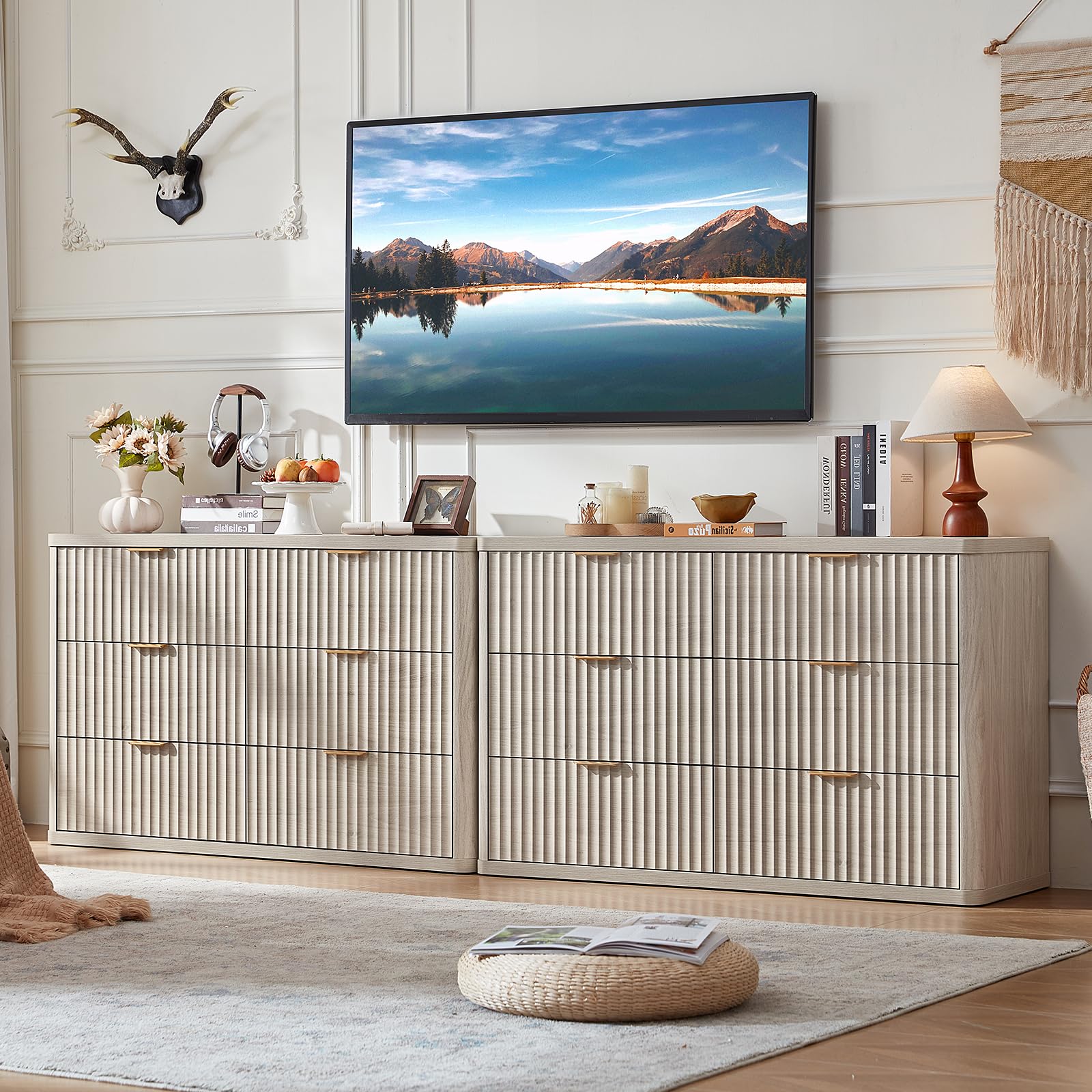 LEYAOYAO Fluted 6 Drawers Dresser Set of 2, 48" Wide Modern Chest of Drawers with Metal Handle, Light Grey Curved Profile Dresser TV Stand, Wooden Drawer Organizer for Bedroom, Living Room, Hallway