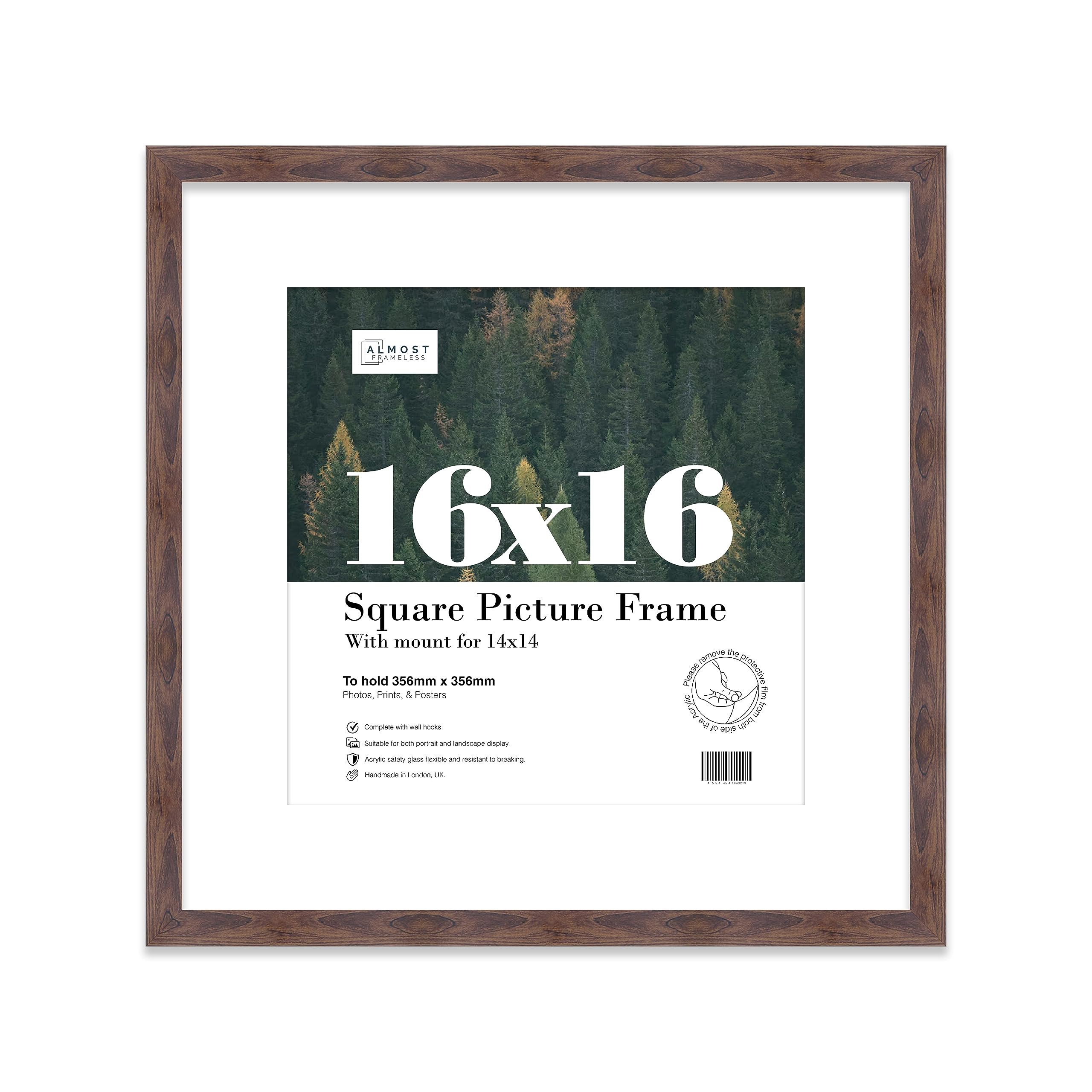 16x16 Walnut Picture Frame with Mount for 14x14 Photos, Prints - Modern Square Wall Frame, 1 Pack