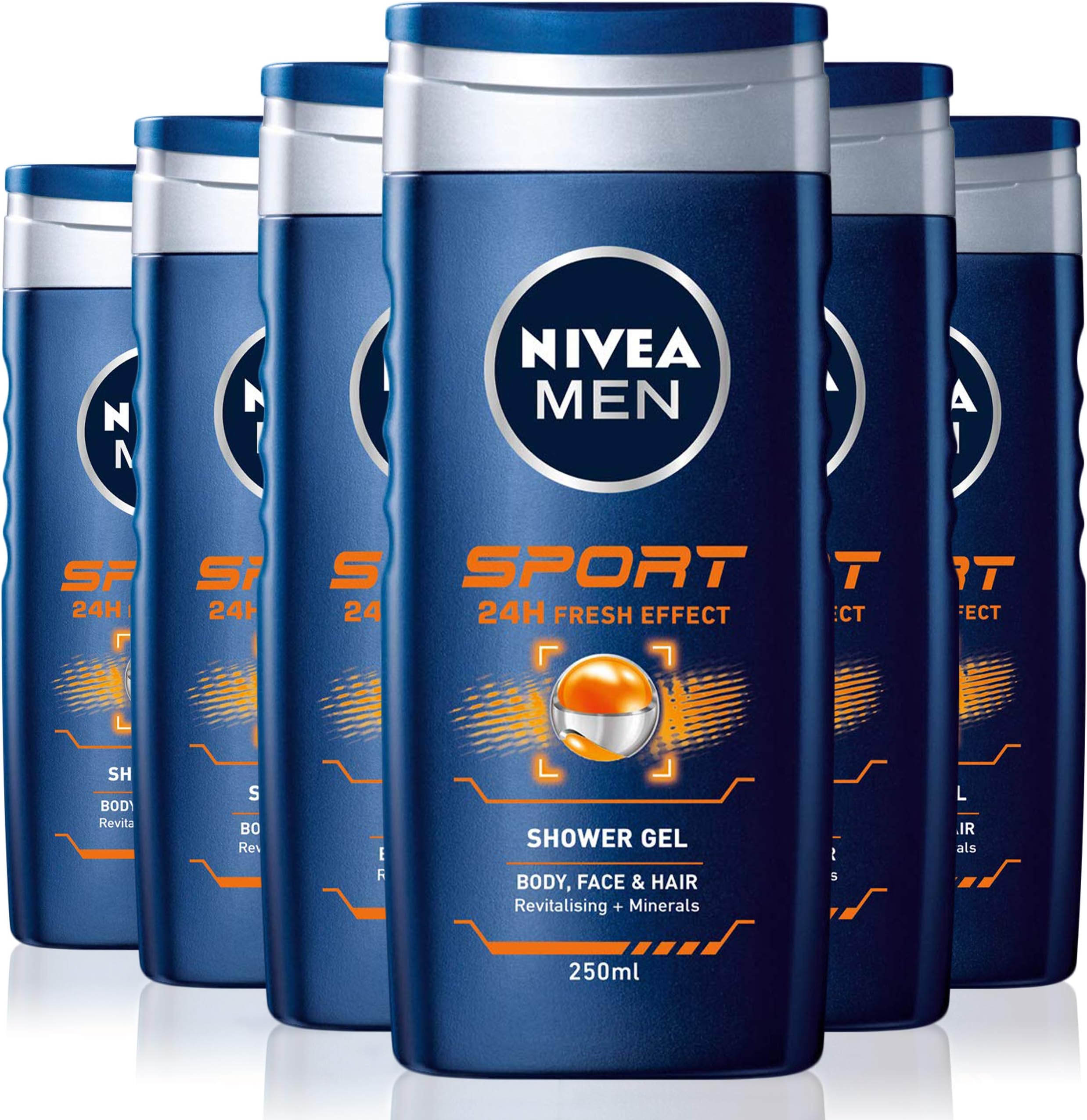 NIVEA MEN Sport Shower Gel Pack of 6 (6 x 250 ml), Cleansing 3-in-1 Body Wash for Men with Minerals, Refreshing NIVEA MEN Shower Gel