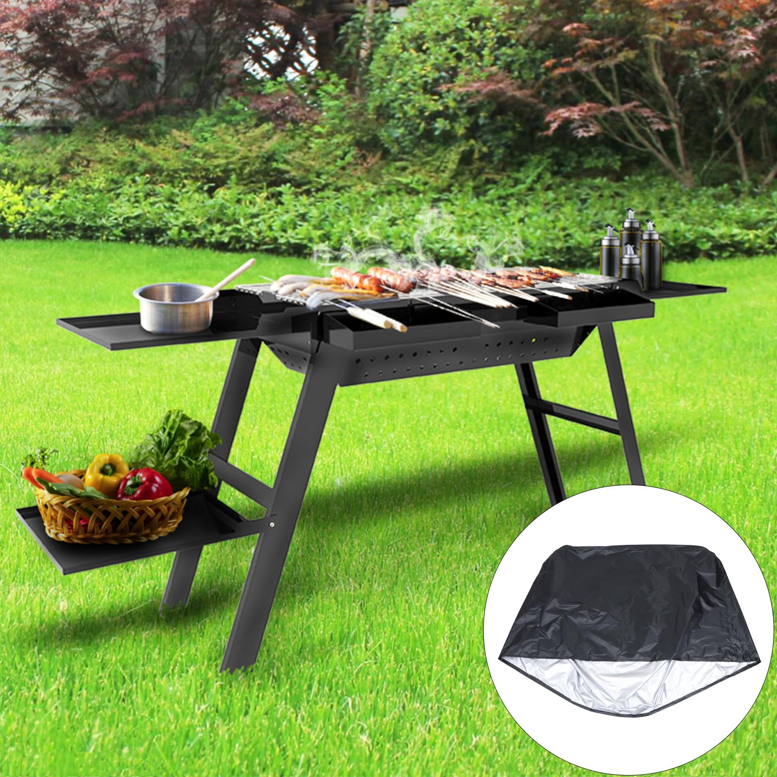 Homoyoyo Copertura per Barbecue Quadrata in Poliestere Nero Cinghie di Fissaggio e Facile da Trasportare per Protezione Esterna da Sole e Polvere