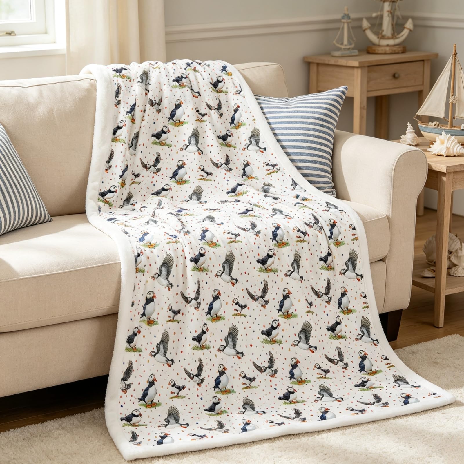 Homewish Cartoon Puffin Fleece Blanket for Kids Cute Audubon Birds Print Blanket Twin Kawaii Atlantic Puffins Throws Watercolor Wild Animal Sofa Throw,White