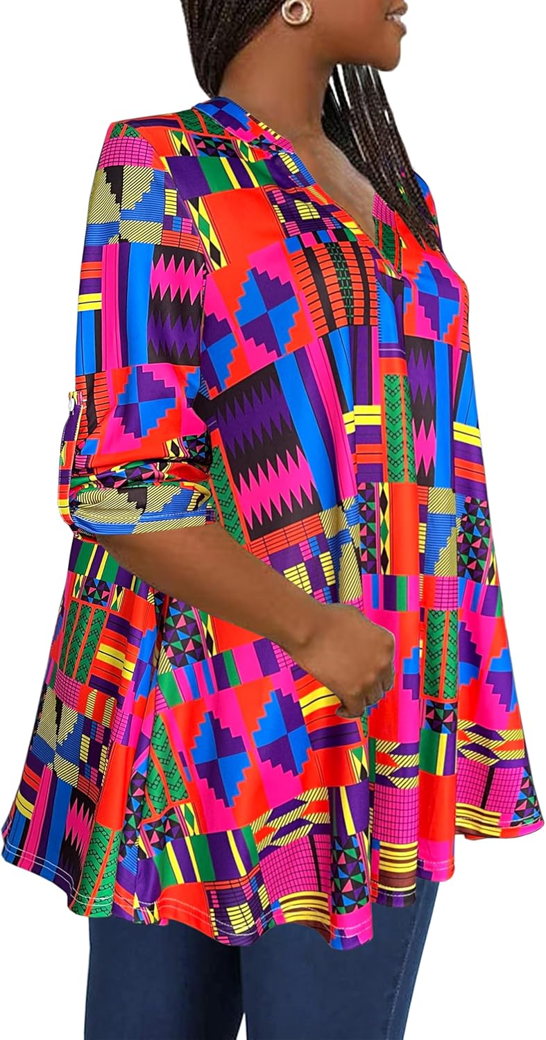 Afibi Women's Casual African V Neck Long Sleeve Tunic Tops - Image 3