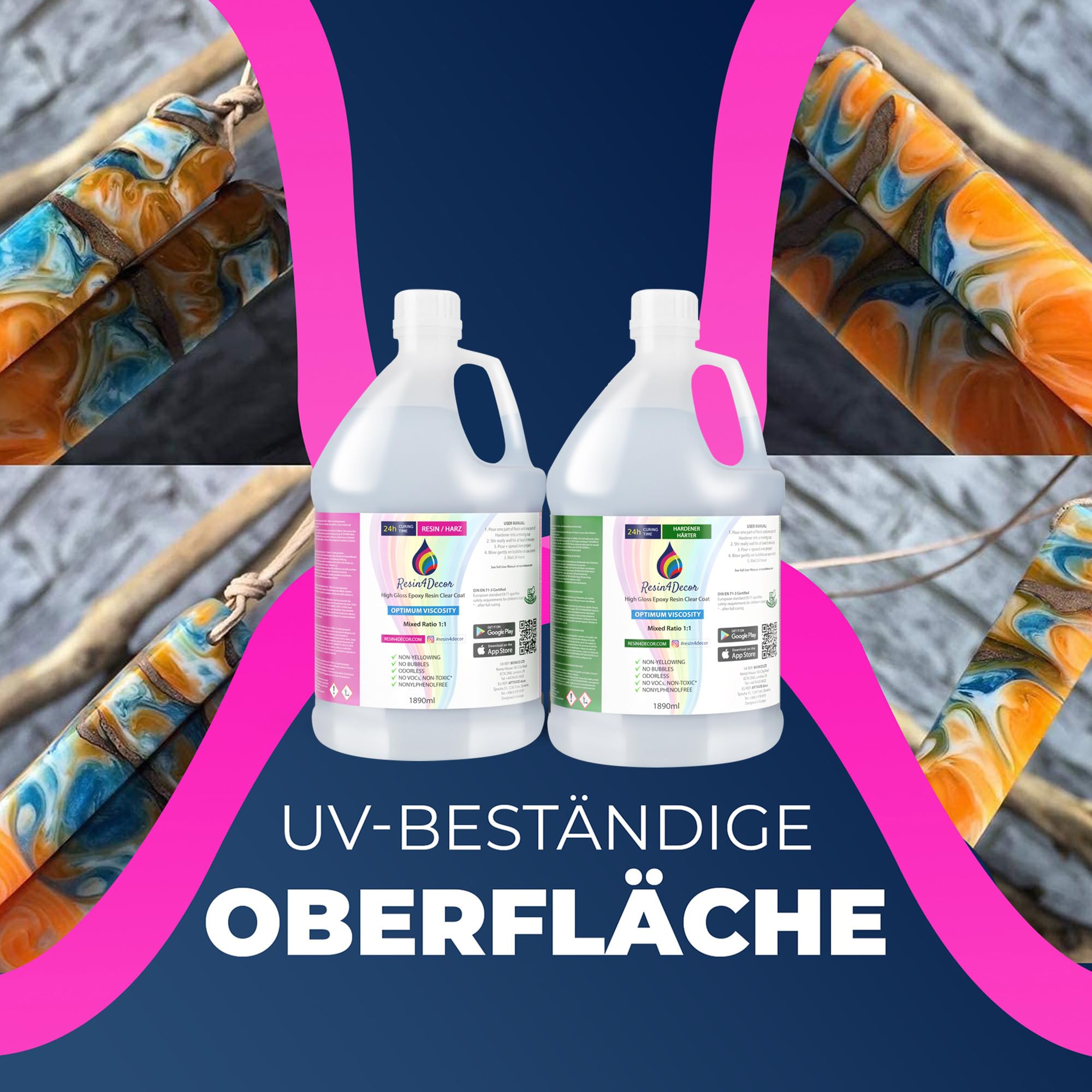 RESIN4DECOR 7560ml Epoxidharz Set [Kristallklar & Geruchlos] – 1:1 Gießharz für Schmuck, Kunst & Formenbau (Vergilbungsfrei & Ungiftig) – Transparentes Laminierharz mit 24h Aushärtungszeit