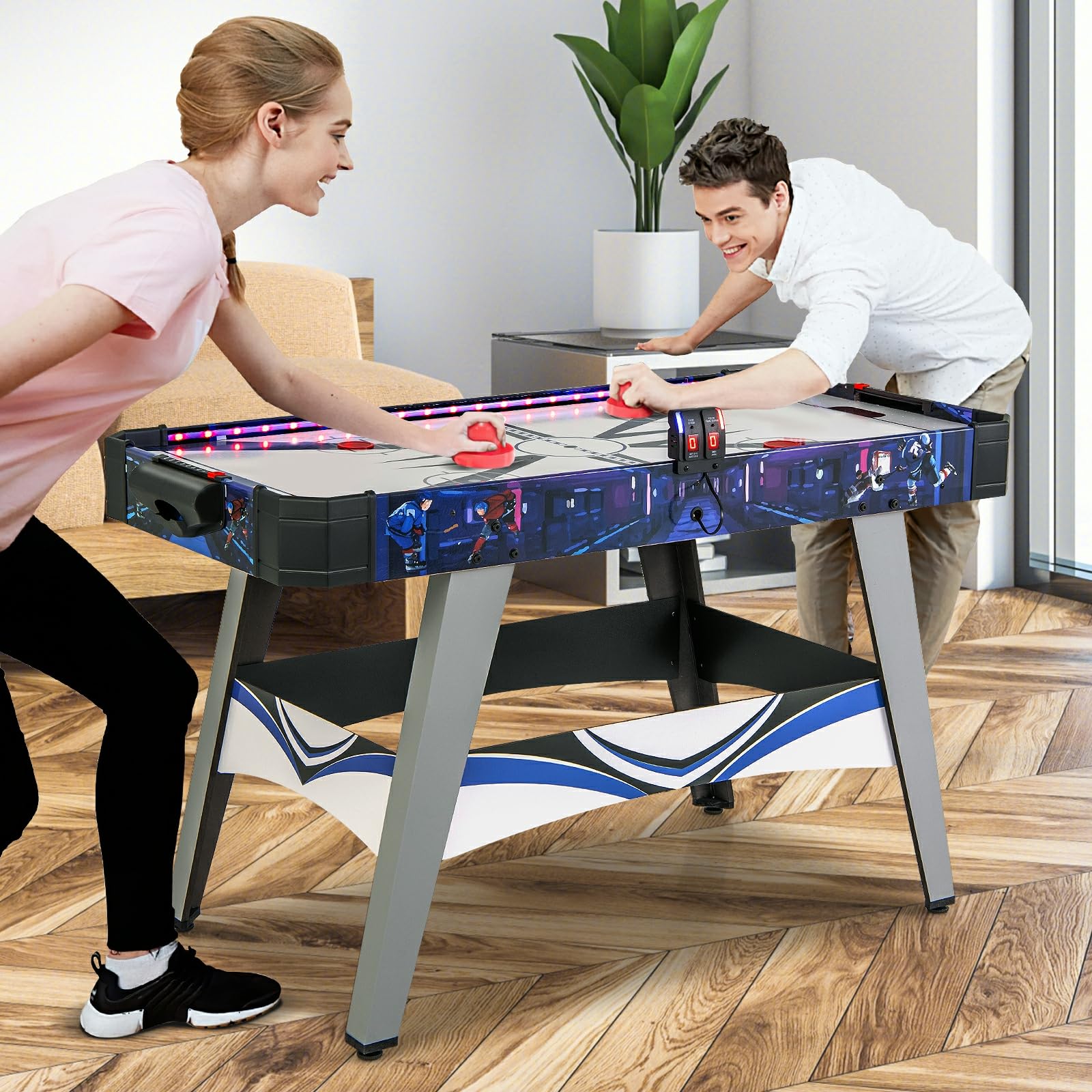 HOMASIS Hockey da Tavolo con 2 Spingitori e Dischi, Poggia Piedi Regolabili, Motore Potente da 12 V, Segnapunti, Air Hockey da Tavolo per Famiglia, Bar, Casa, 137 x 65 x 86 cm