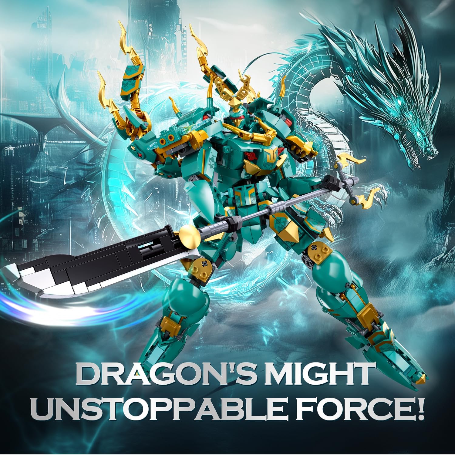 Mech Building Set, Green Dragon Samurai Ninja Action Figure for Adults, Collectible Robot Gift for Kids Ages 8+, Compatible with Lego Mech Set, 704 PCS