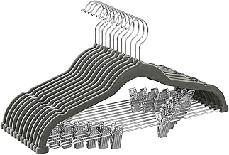 SONGMICS Trouser Hangers, Set of 12 Velvet Hangers with Adjustable Clips, 42.5 cm Long, Non-Slip, Space-Saving, for Skirts, Coats, Dresses, Grey CRF12V