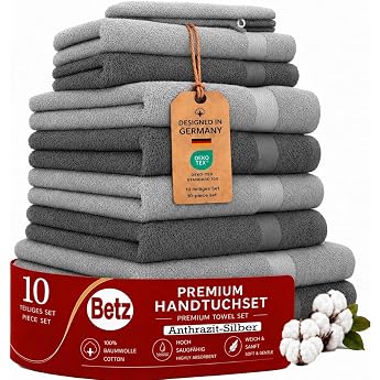 Betz Premium Towel Set 10 Pieces - 100% Cotton - Oeko-Tex  Certified - Absorbent & Soft - 470 g/m  - Shower Towels Hand Towels Guest Towels & Wash Mitts - Colour Anthracite & Silver Grey