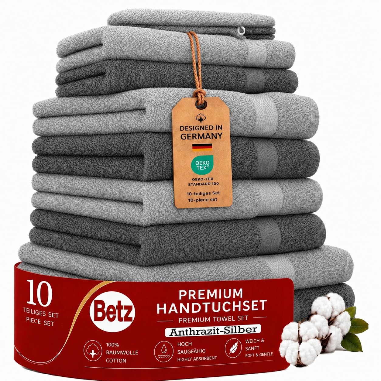 Betz set di 10 asciugamani Premium 100% cotone 2 teli doccia 4 asciugamani 2 asciugamani per ospiti 2 guanti da bagno colore antracide e grigio argento