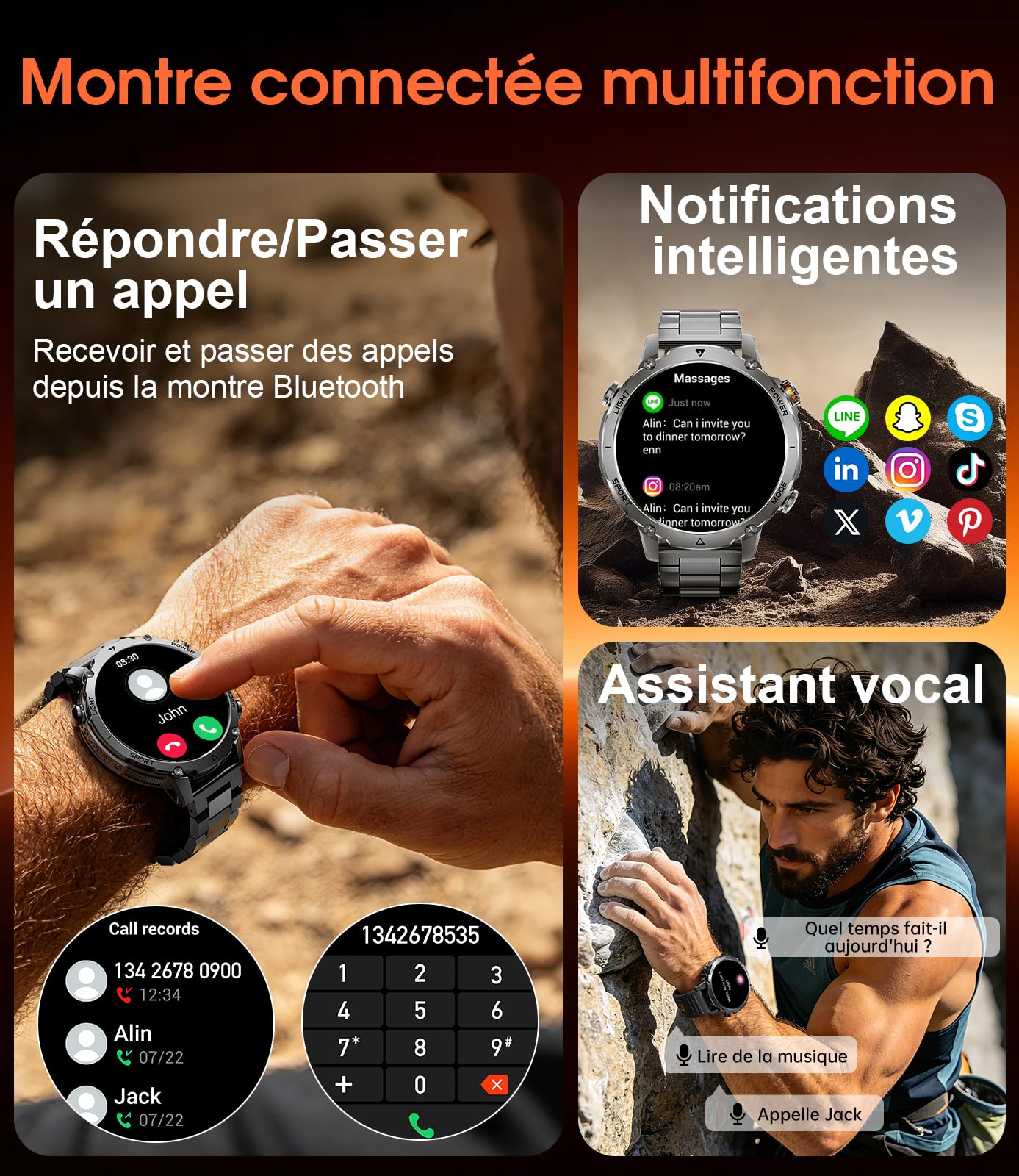 Montre Connectée Homme 1,7" Écran HD,Batterie 1400mAh, Lampe Torche LED,Appel Bluetooth,120+ Modes Sport,5ATM Étanche Smartwatch,Montre Intelligente Android/iOS, 2 Bracelets, Noir