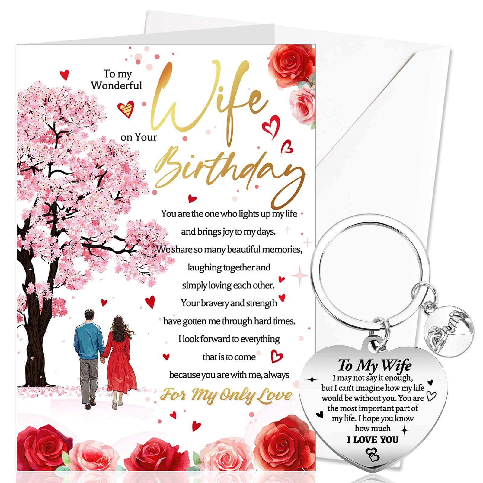 DPKOW Wife Birthday Card Gifts from Husband, B-Day Keyring Keychain B-Day Greeting Card with Envelope, Romantic Birthday Gifts for Wife Women Her