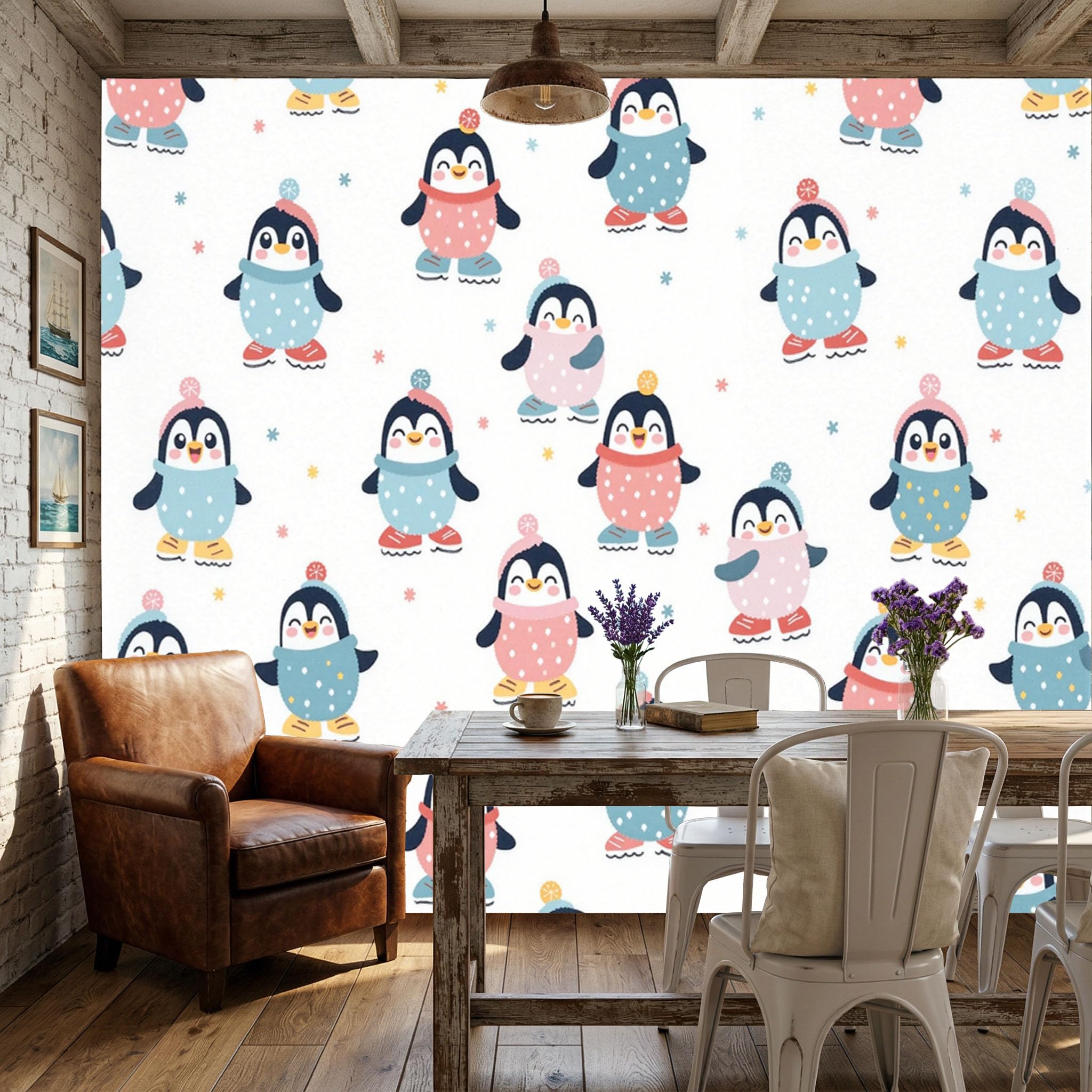 Papier peint mural 3D décoration murale maison motif pingouins dessin animé intissé 350x256