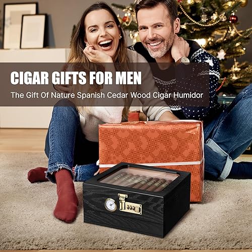 Miniatura 8 de Humidor de puros, humidor de madera de cedro, humidor de cigarros, humidor de escritorio superior de vidrio con higrómetro frontal, humidificador,