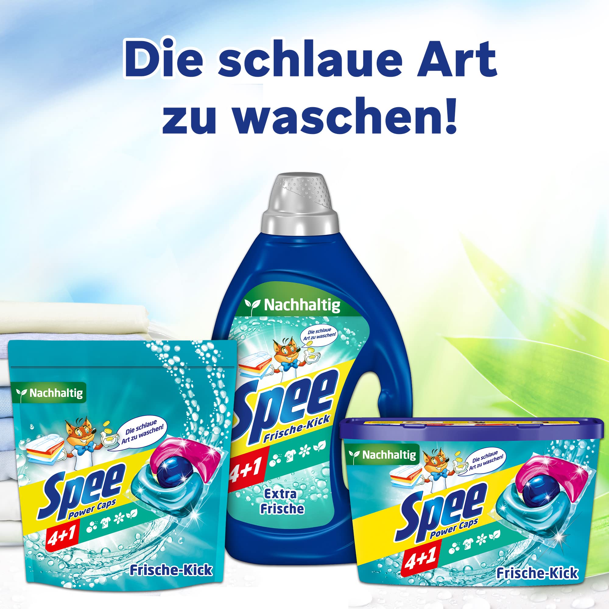 Spee Power Caps Frische-Kick 4 + 1 (120 Waschladungen), Vollwaschmittel für helle und weiße Wäsche, vordosiertes Waschmittel vereint Reinheit, Strahlkraft, Extra Frische & Nachhaltigkeit, Kapsel