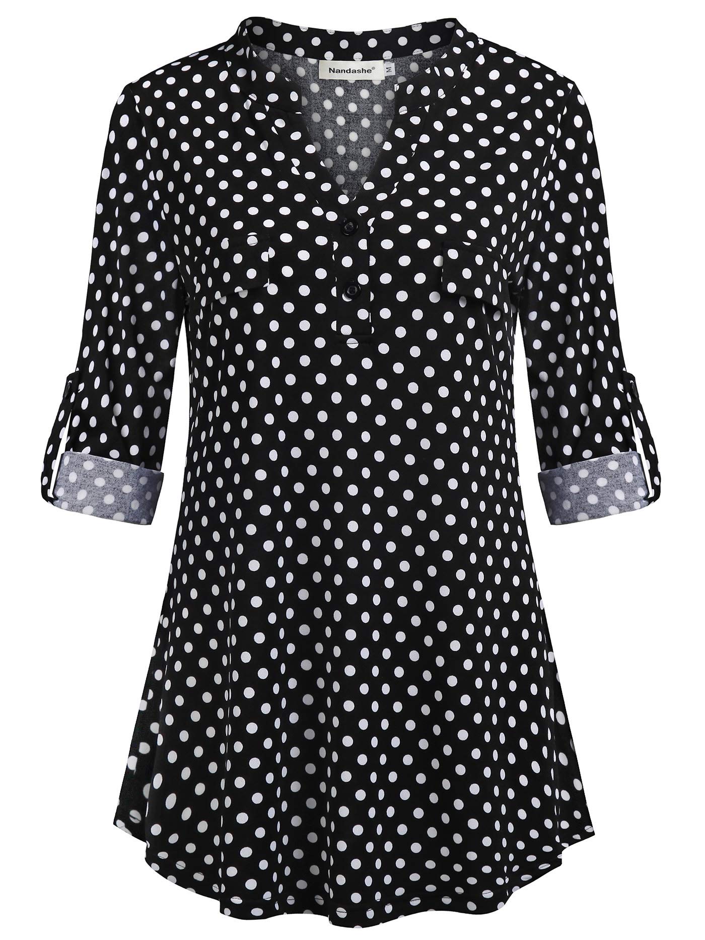 Nandashe Womens 3/4 Roll Sleeve Shirt V Neck Button Down Blouse Loose Tunic Tops