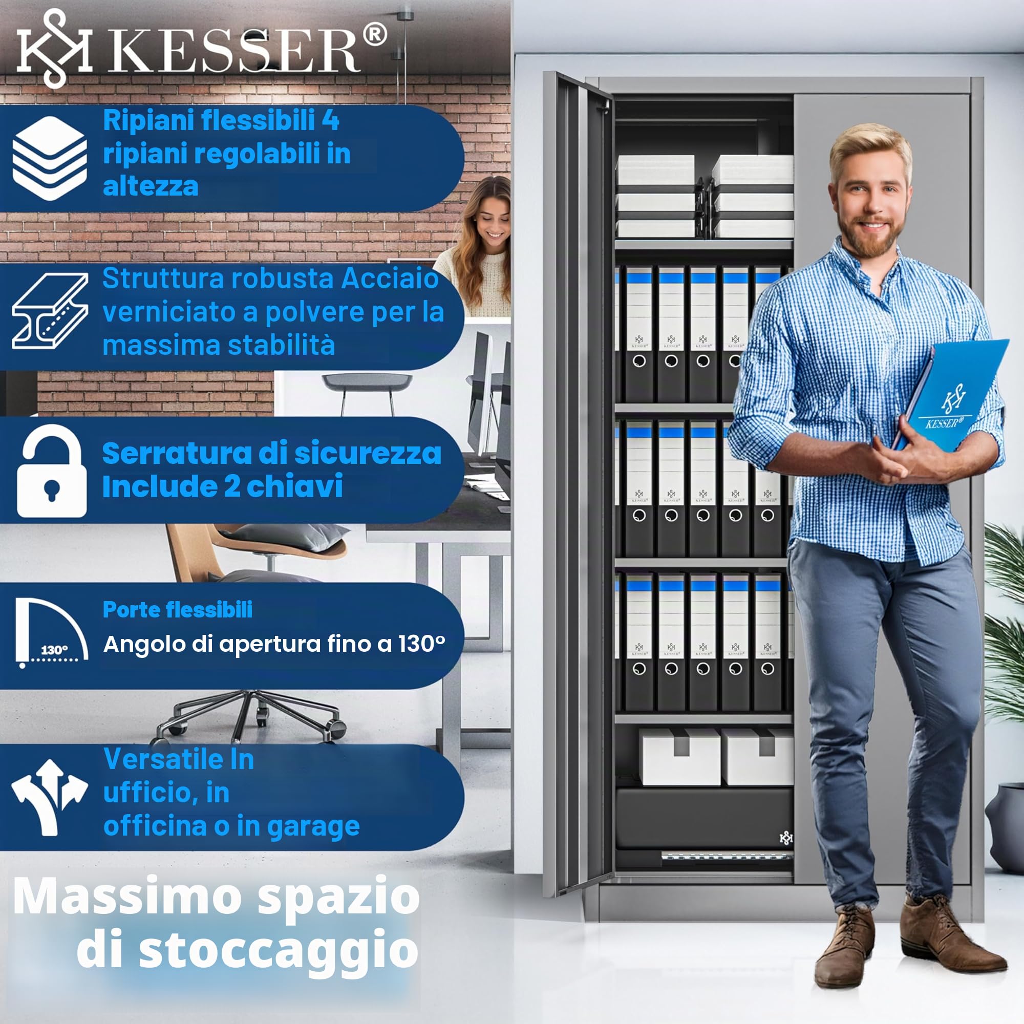 KESSER® Armadietto con serratura con ante a battente, 180 x 80 x 40 cm, in acciaio con 4 ripiani regolabili in altezza, 5 scomparti flessibili, max. 40 kg per scomparto, incluse 2 chiavi