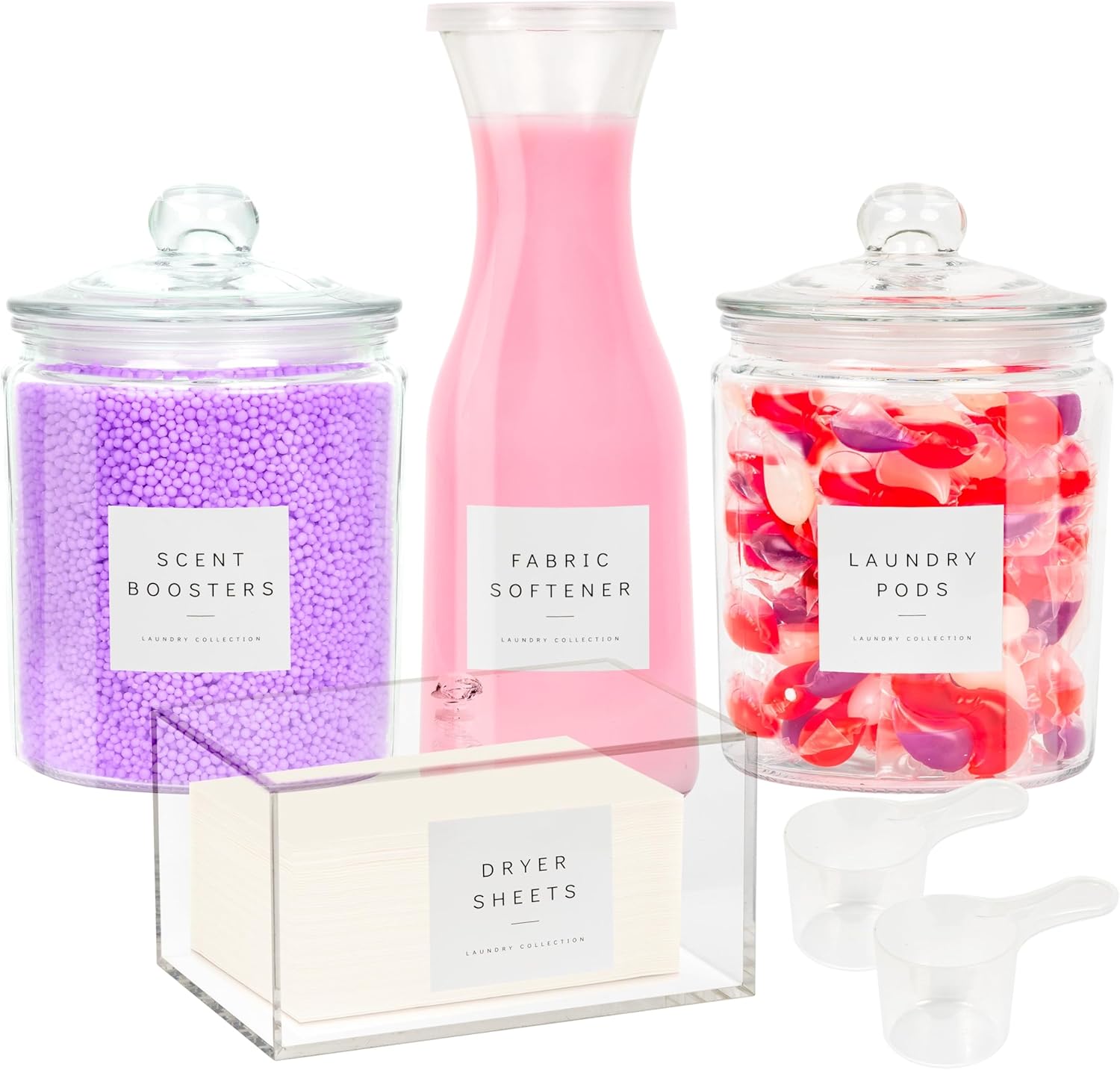 Glass Laundry Room Organization and Storage Set with Pods Holder, Detergent Container, Fabric Softener, Scent Booster Dryer Balls Acrylic Dryer Sheet Holder 2 Half Gallon Glass Jars Labels (4) Glass Laundry Room Organization and Storage Set with Pods Holder, Detergent Container, Fabric Softener, Scent Booster Dryer Balls Acrylic Dryer Sheet Holder 2 Half Gallon Glass Jars Labels (4)