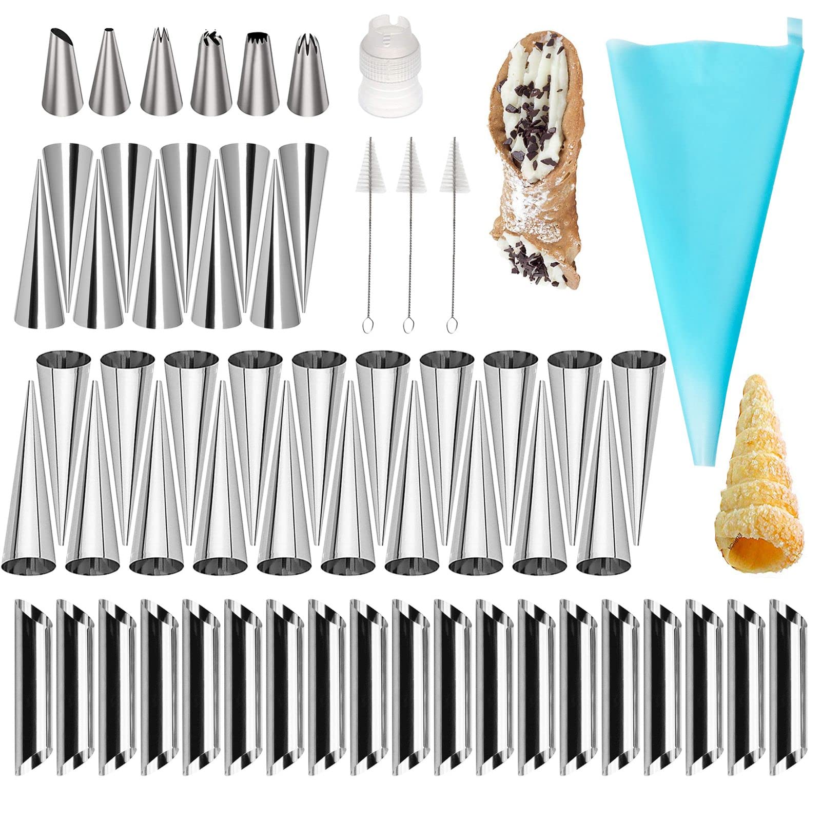 Corne Pâtisserie en Acier Inoxydable, FantasyDay Lot de 50 Moules à Cornets Pain Tube Croissant avec 3 Brosse de Nettoyage - Cannoli Moule pour Croissants, Douilles Pâtisserie, Gâteau, Moule à Pain
