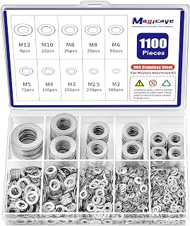 1100pcs 304 Stainless Steel Flat Washers Assortment Kit, 9 Metric Sizes M2-M12 for Bolts Screws - Rustproof for Automotive DIY Construction