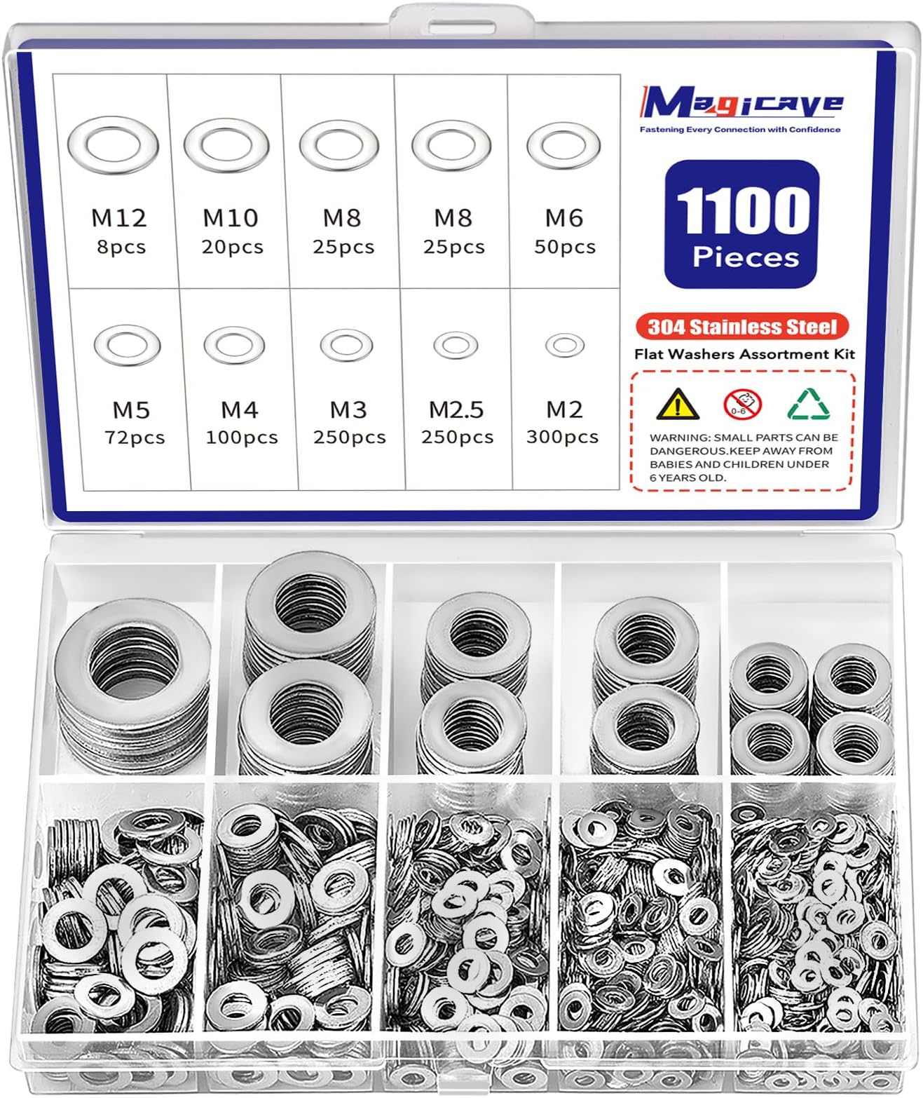1100 Pcs Flat Washers Assortment Kit – 304 Stainless Steel, 9 Metric Sizes (M2–M12), Metal Washers for Screws and Bolts – Ideal for Automotive, Construction, Industrial, and DIY Use