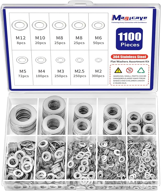 1100 Pcs Flat Washers Assortment Kit – 304 Stainless Steel, 9 Metric Sizes (M2–M12), Metal Washers for Screws and Bolts – Ideal for Automotive, Construction, Industrial, and DIY Use